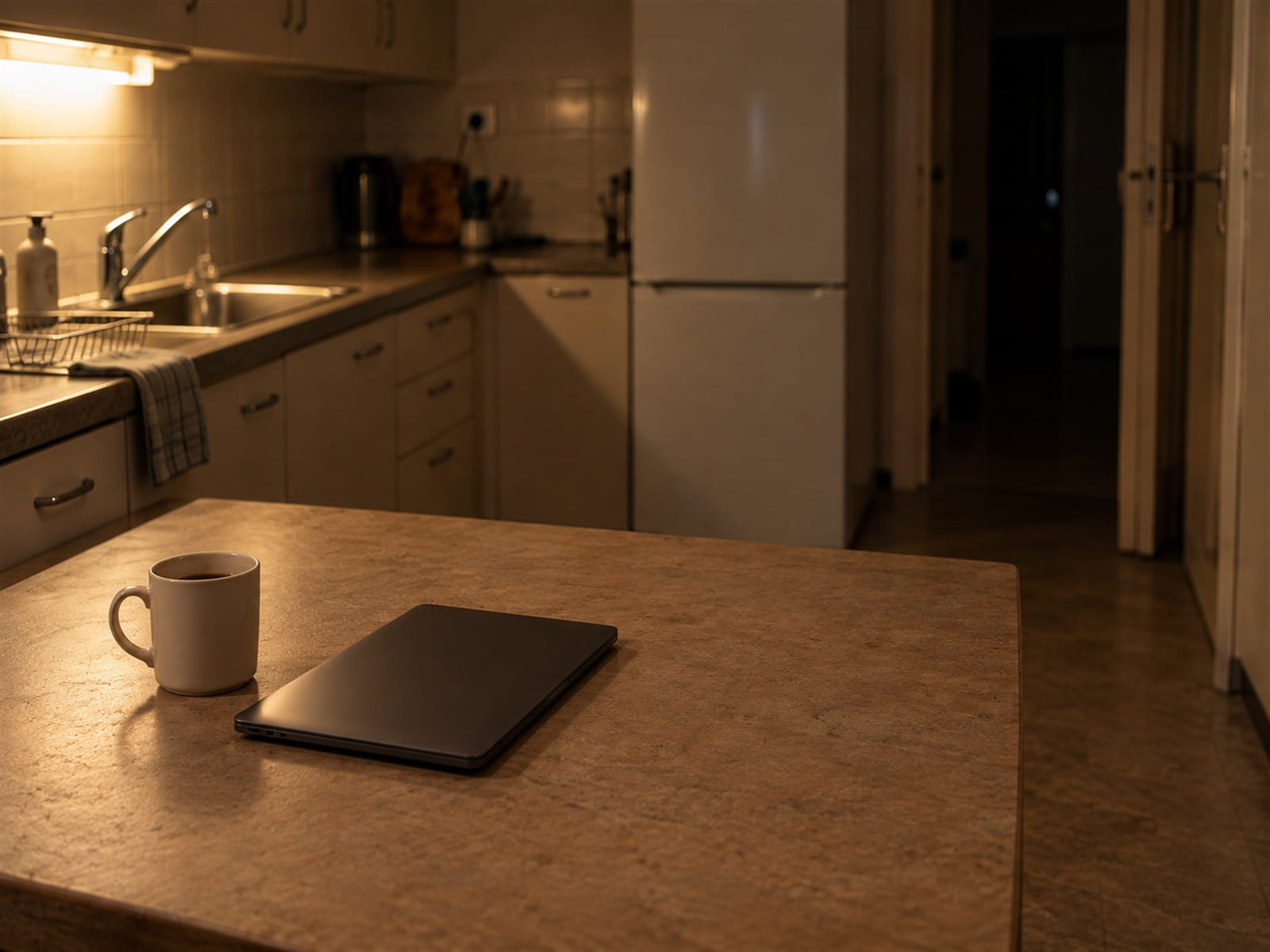 A half-finished mug of coffee beside a closed laptop on a kitchen counter in afternoon light