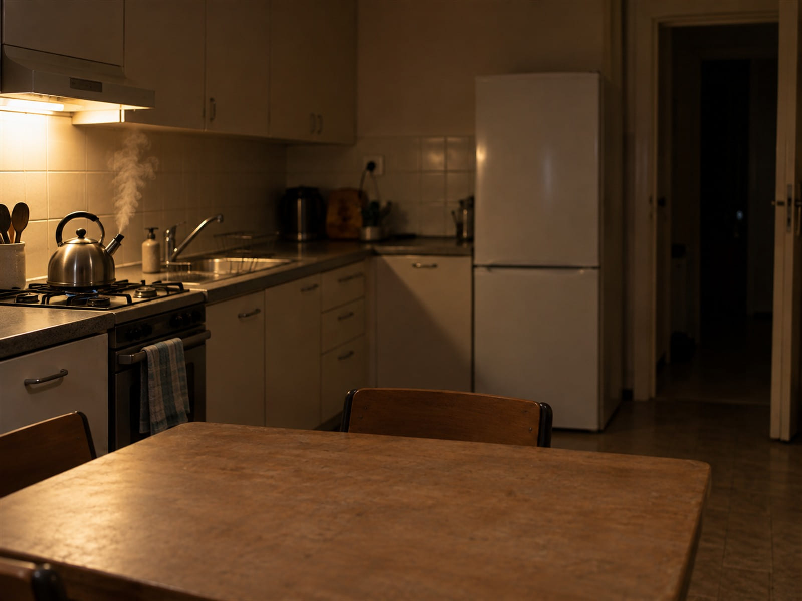 A kettle on a stovetop with a little steam rising in a quiet kitchen