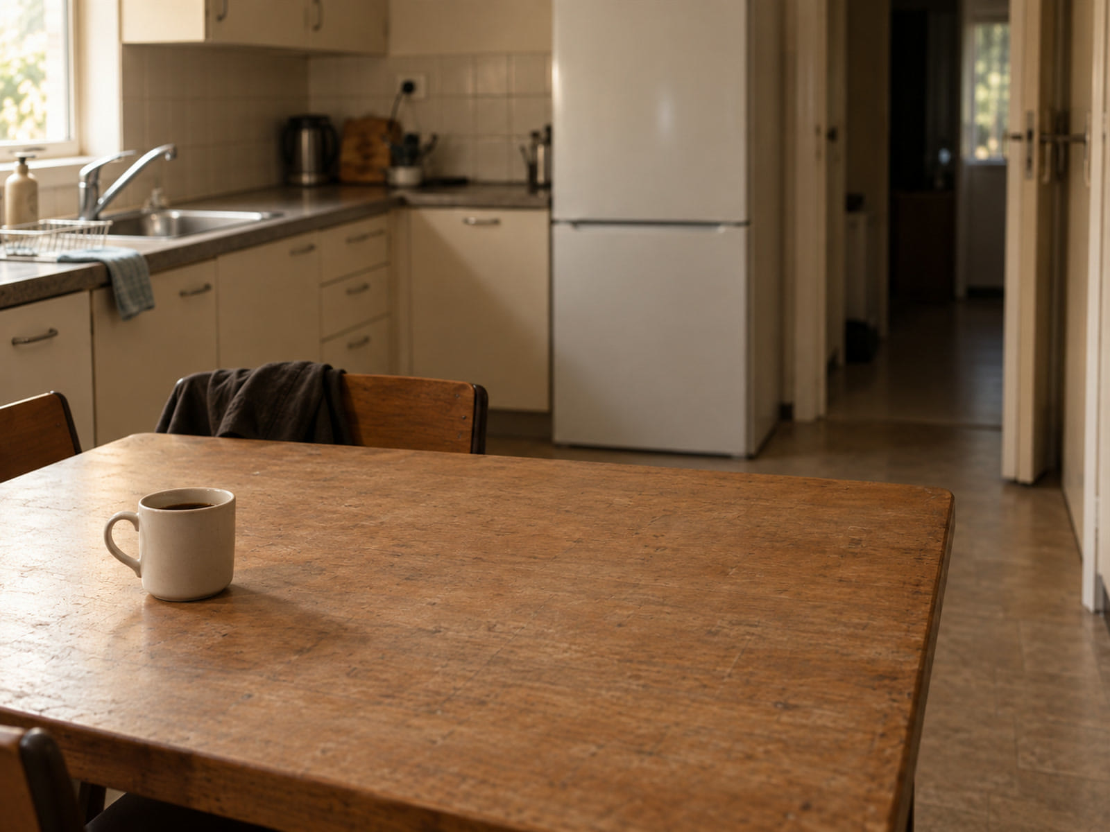 A coffee mug and a folded jacket left on the back of a kitchen chair