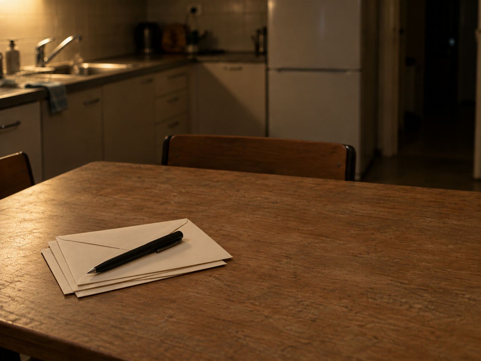 A pen resting on a small stack of blank envelopes on a wooden table