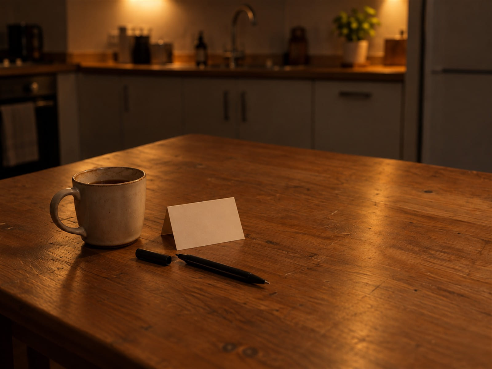 A folded blank card and an uncapped pen on a kitchen table beside a mug of tea