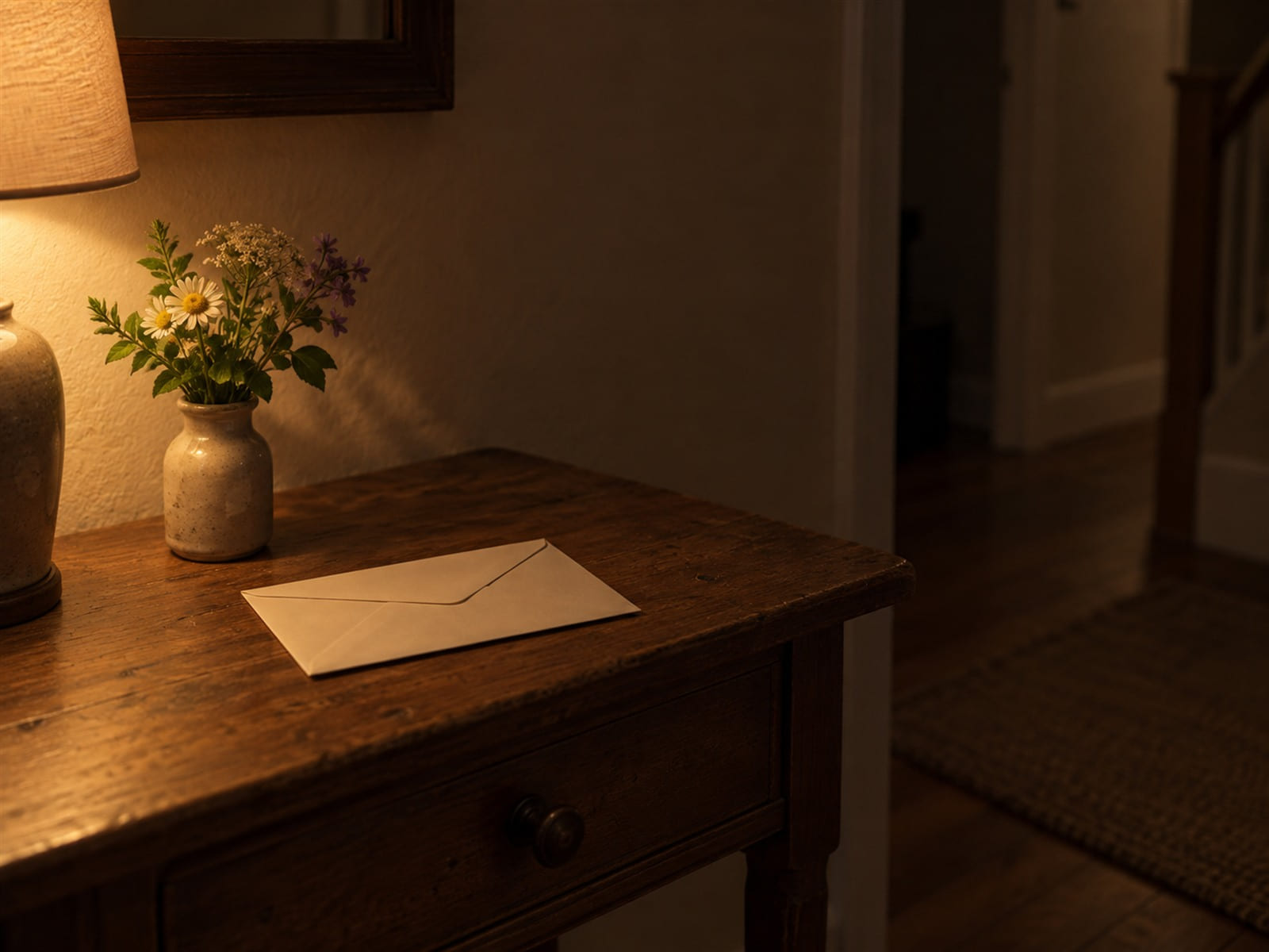 A sealed envelope resting on a hall table beside a small vase of garden flowers
