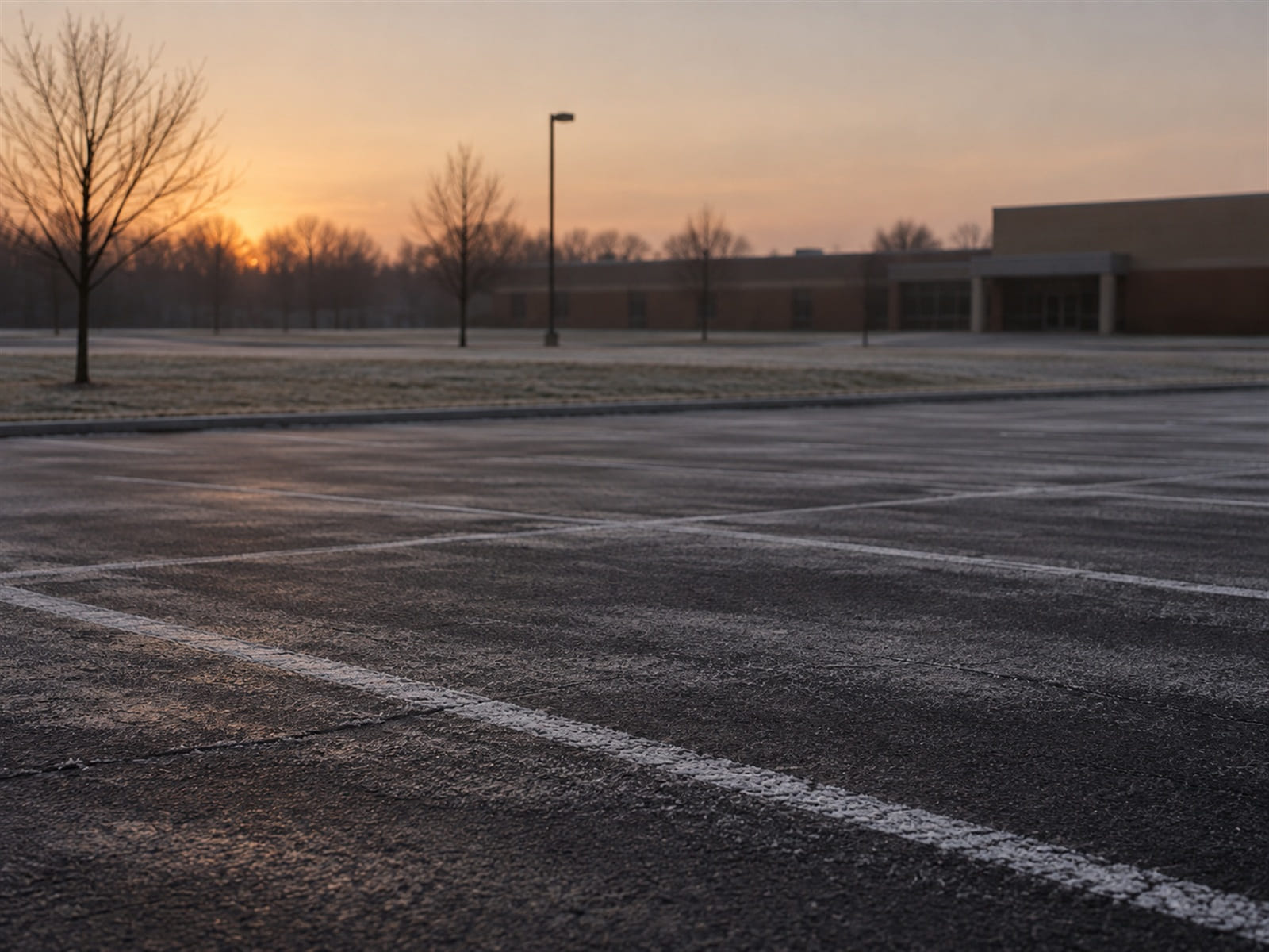 An empty school parking lot at first light, frost on the painted lines