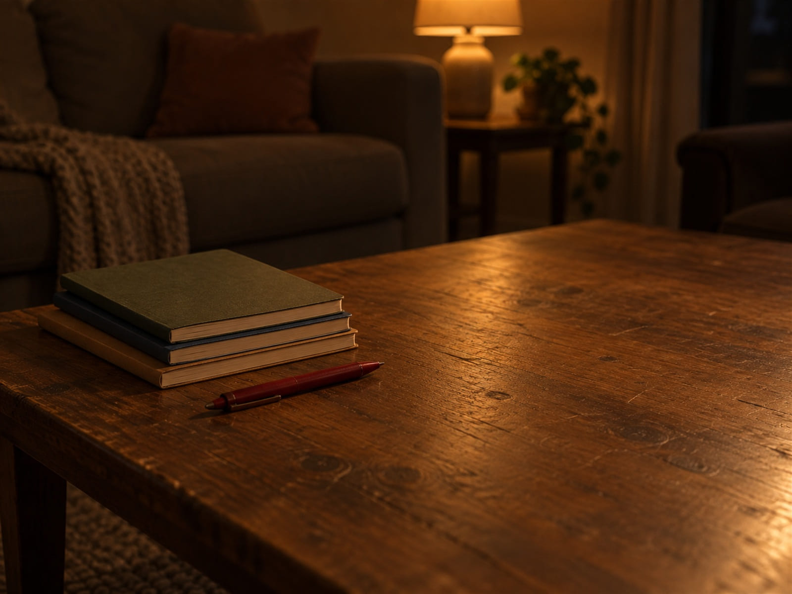 A stack of closed exercise books with plain covers and a red pen on a living room coffee table at night