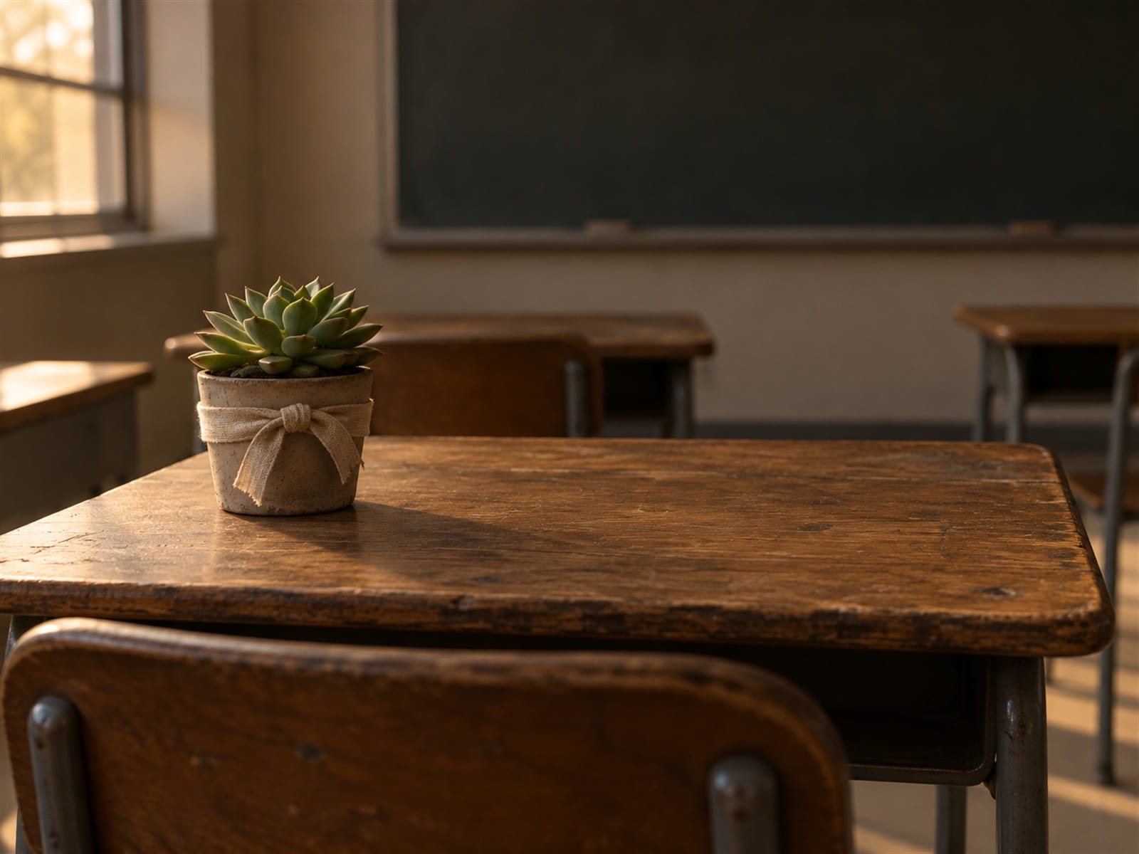 A small potted succulent tied with a ribbon on an empty classroom desk