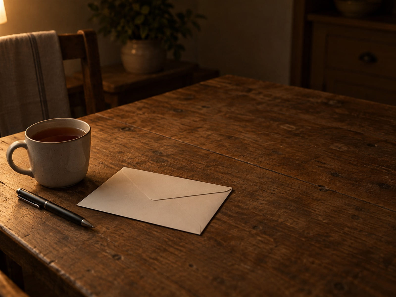 Un sobre sencillo sobre una mesa de madera junto a un bolígrafo y una taza de té, con el sobre todavía sin cerrar