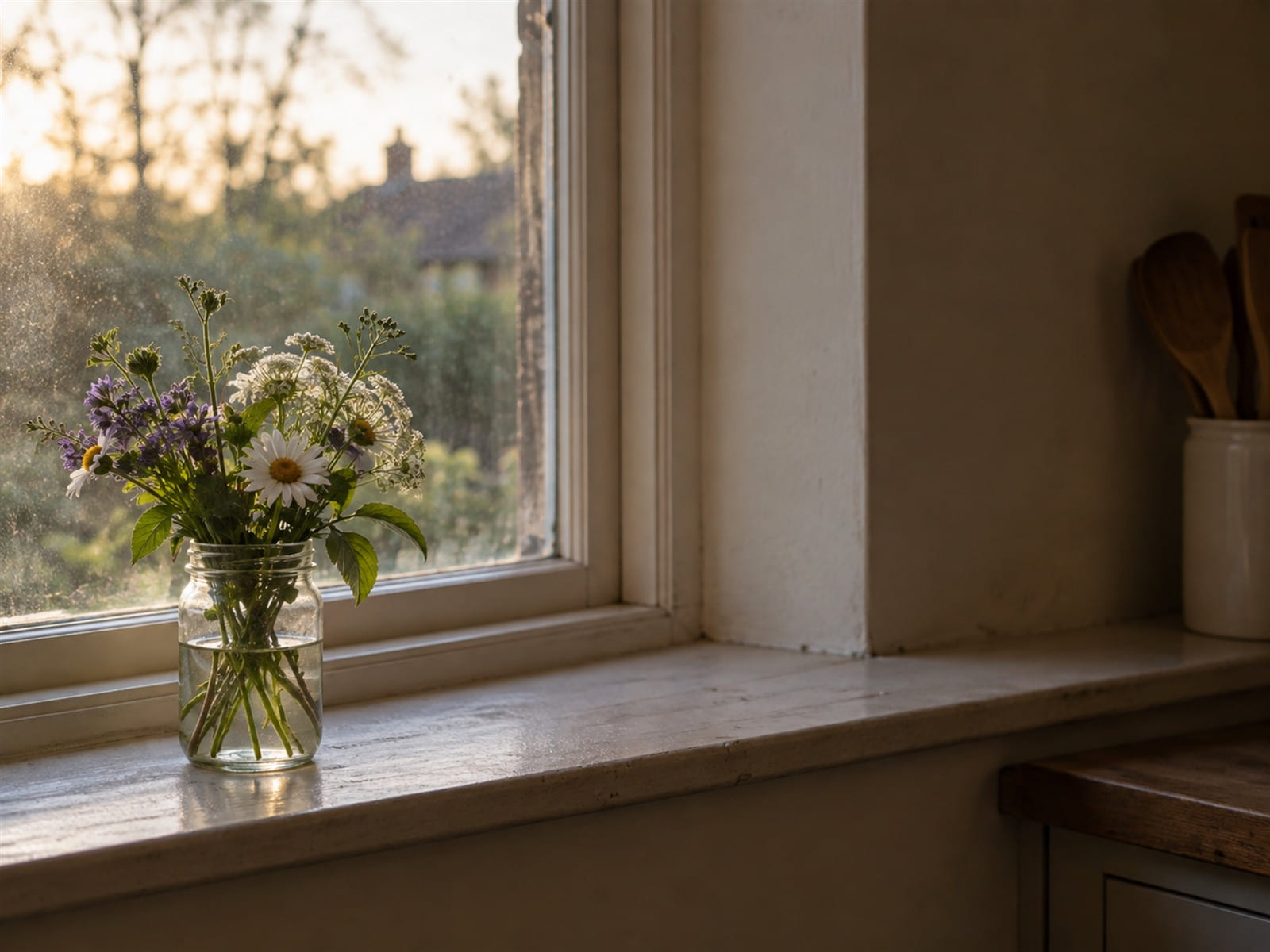 Un pequeño ramo de flores del jardín en un frasco de vidrio sobre el alféizar de la ventana de una cocina, con la primera luz de la mañana