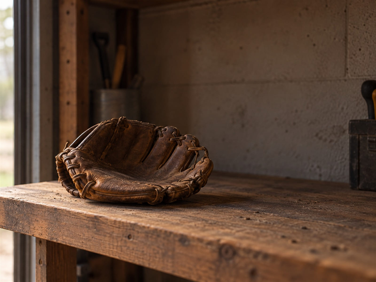 An old leather baseball glove resting on a wooden shelf in a garage
