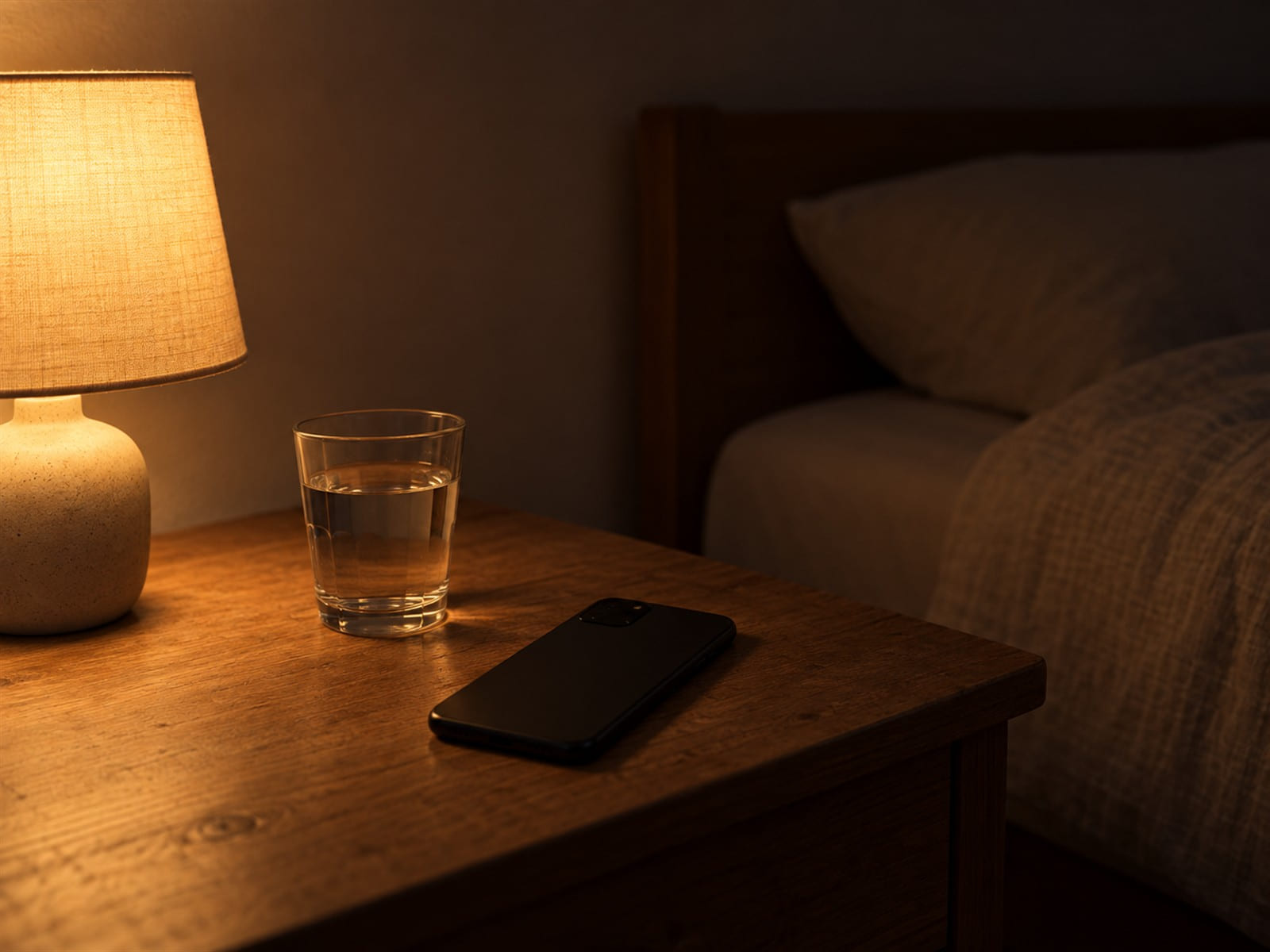 A phone lying face down on a bedside table beside a glass of water
