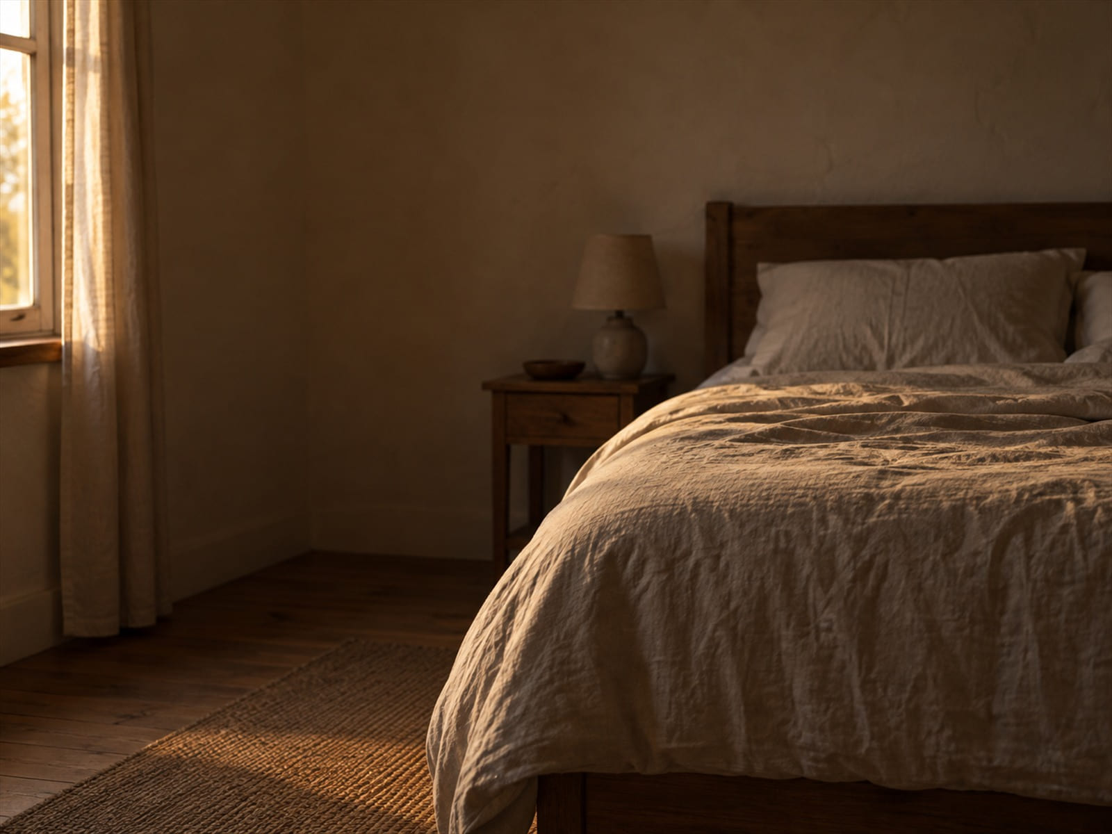 A made bed with one side undisturbed, morning light across it