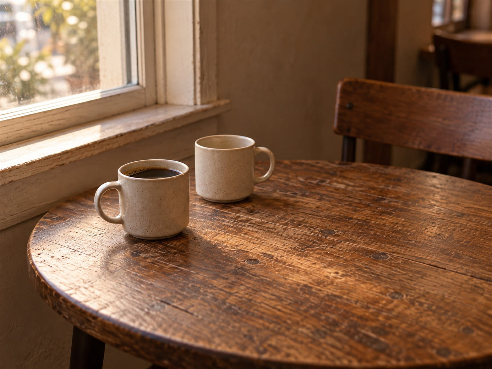 Dos tazas de café sobre una mesita de cafetería, una de ellas sin tocar