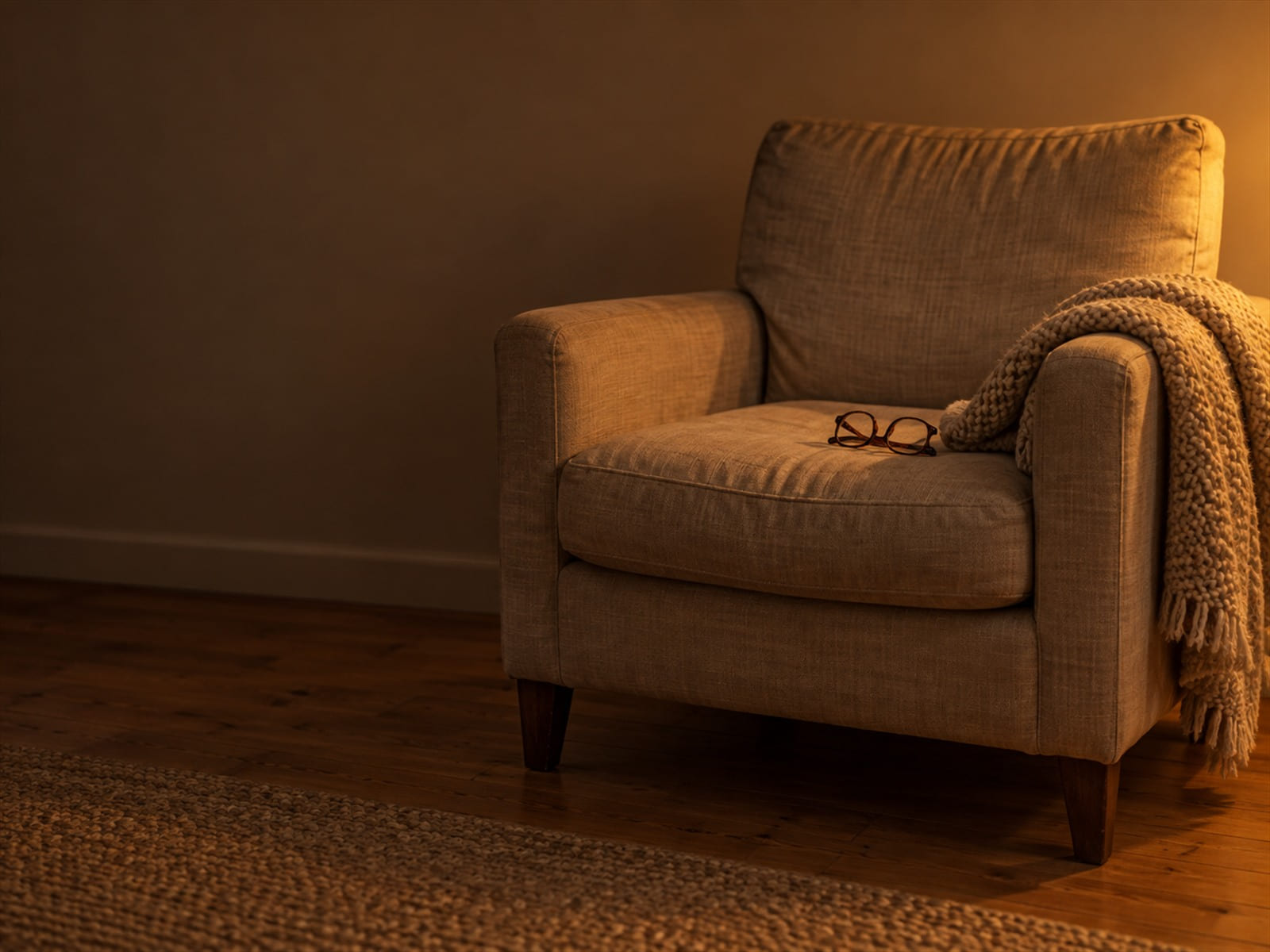 Una manta tejida doblada sobre el brazo de un sillón vacío, con unos lentes de lectura sobre el asiento