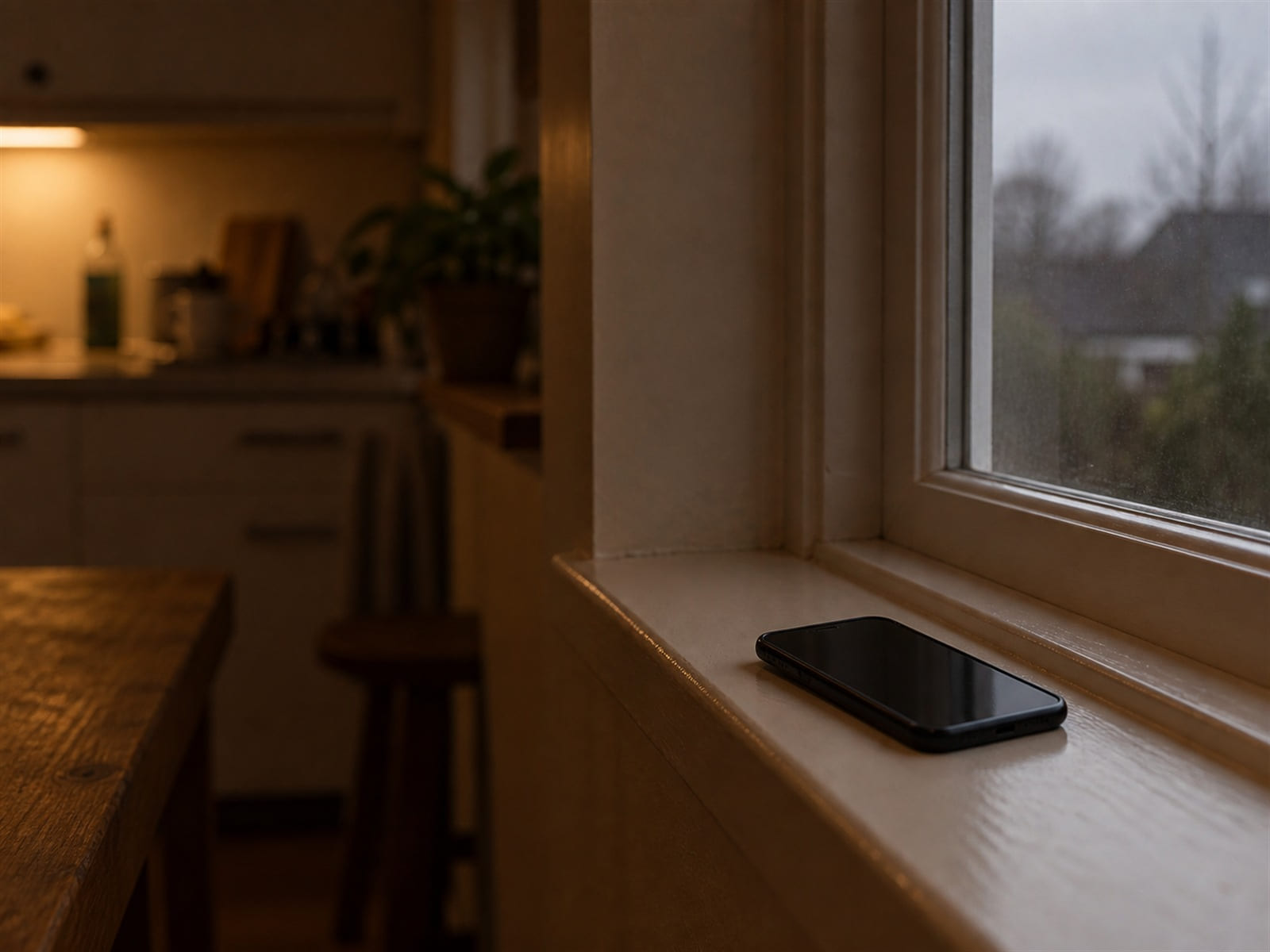 A landline telephone on a hall table, the house quiet around it