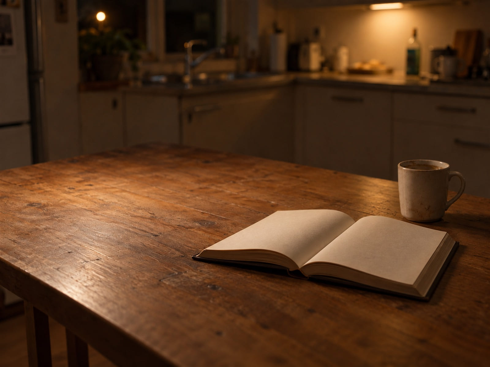 An open book on a kitchen table late at night, one lamp on, the rest of the room dark