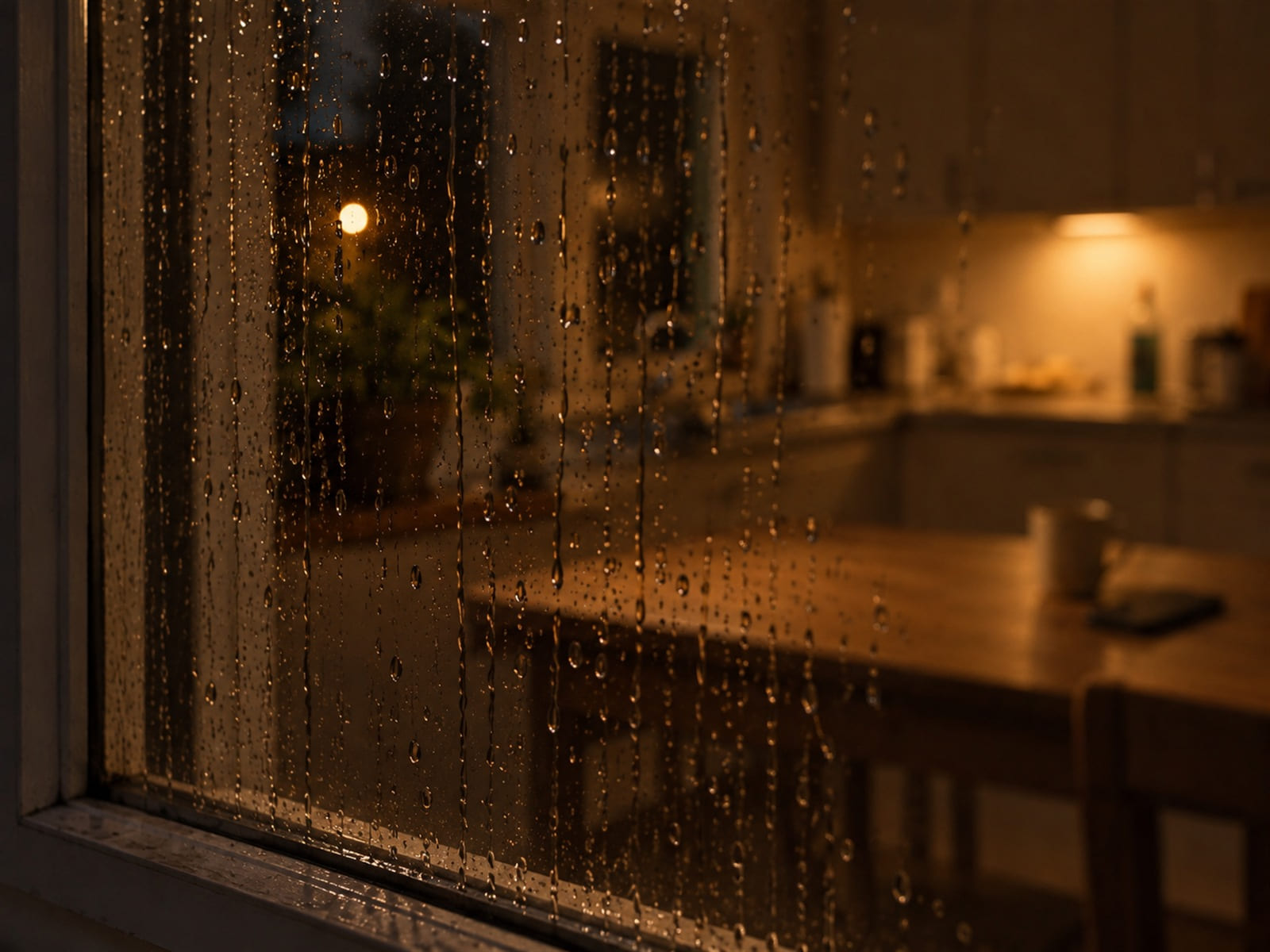 A window with rain on it, the room behind out of focus
