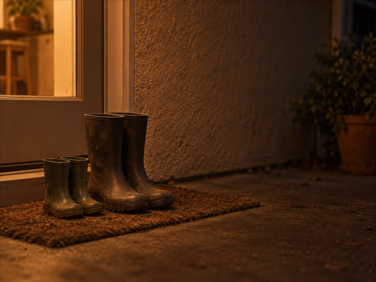 Un par de botas de lluvia pequeñas junto a un par más grande sobre un tapete, al lado de la puerta trasera