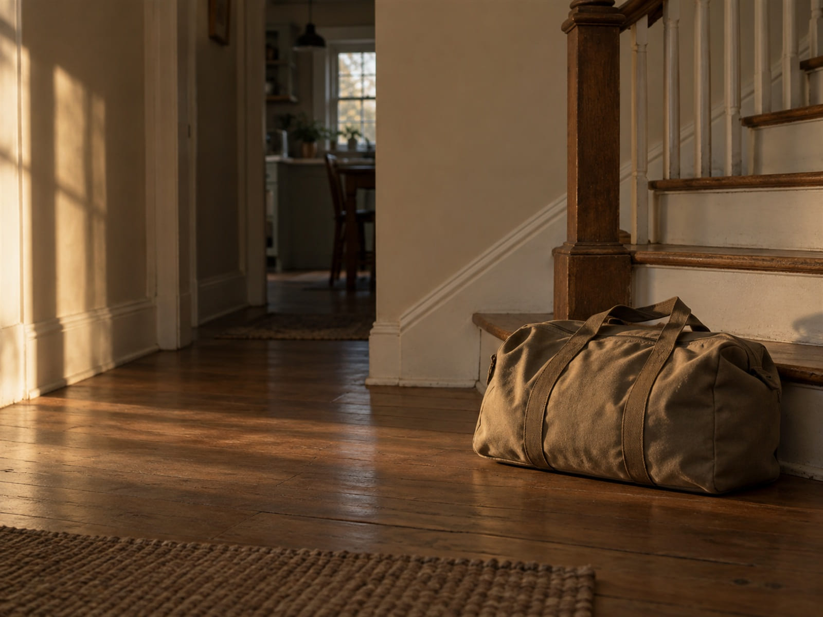 A packed duffel bag at the foot of a staircase in early morning light