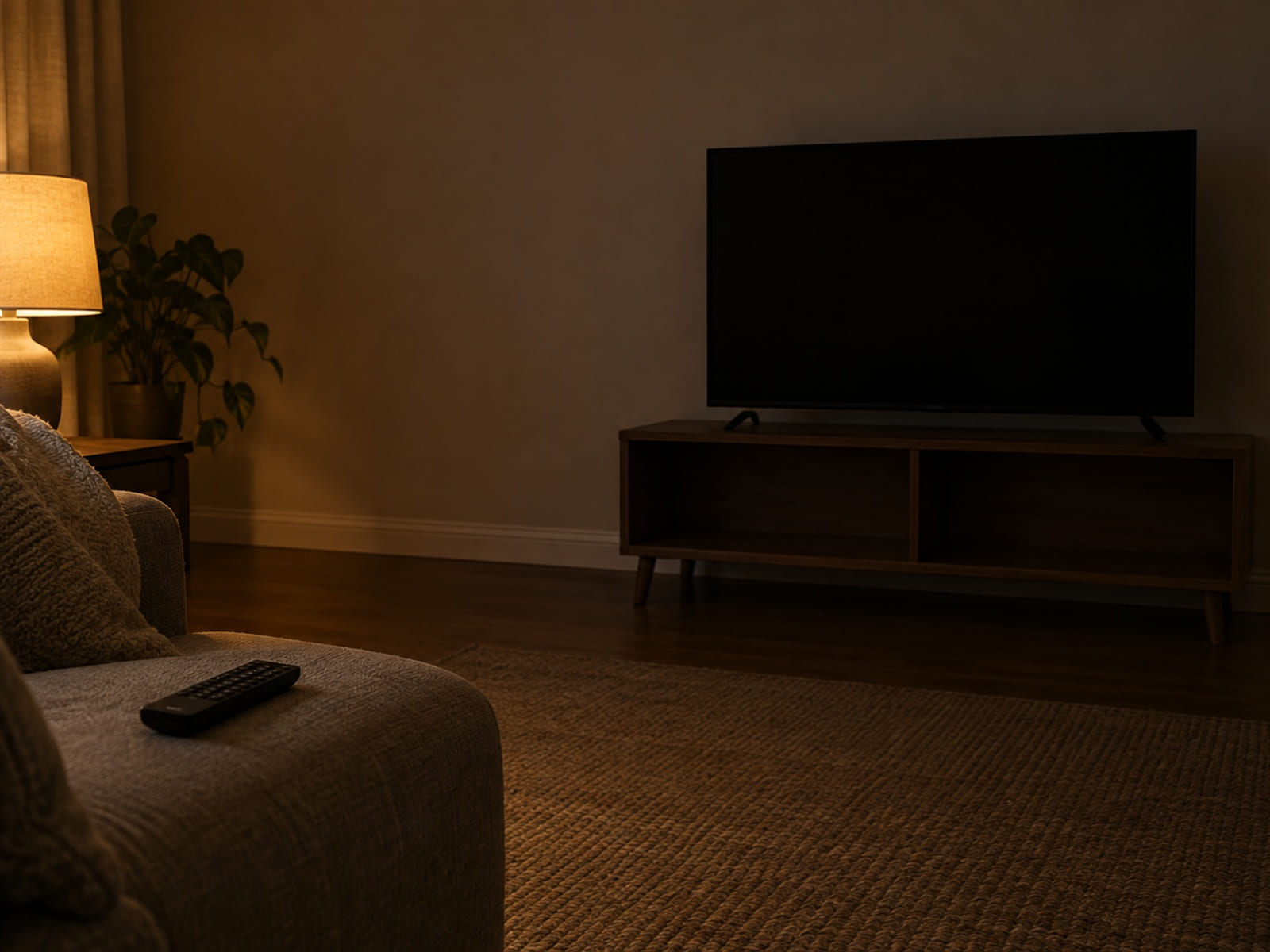 A switched-off television in a dark living room, a remote on the sofa arm