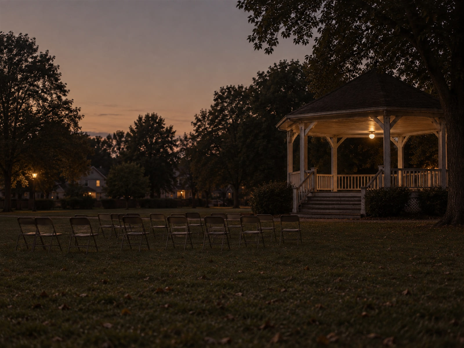 An empty park bandstand at dusk with rows of folding chairs set out on the grass in front of it