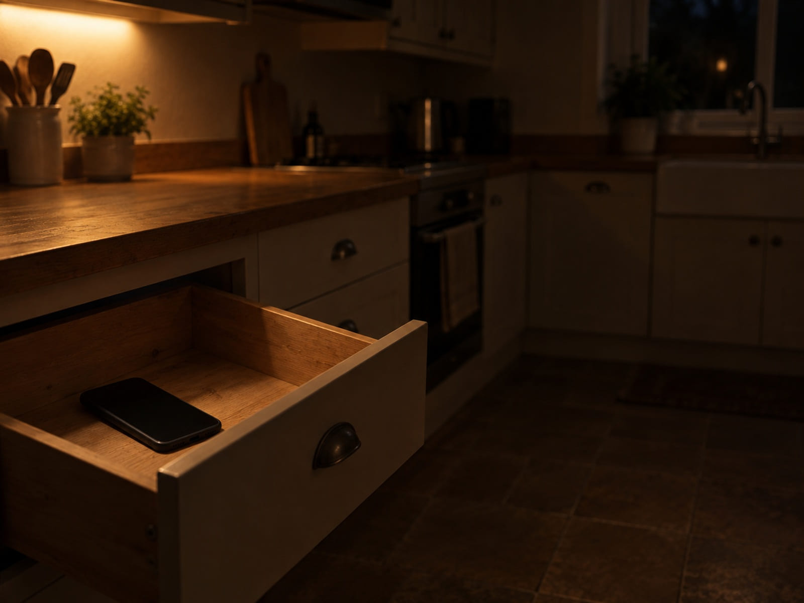 A phone put away in a kitchen drawer left slightly open, its screen dark