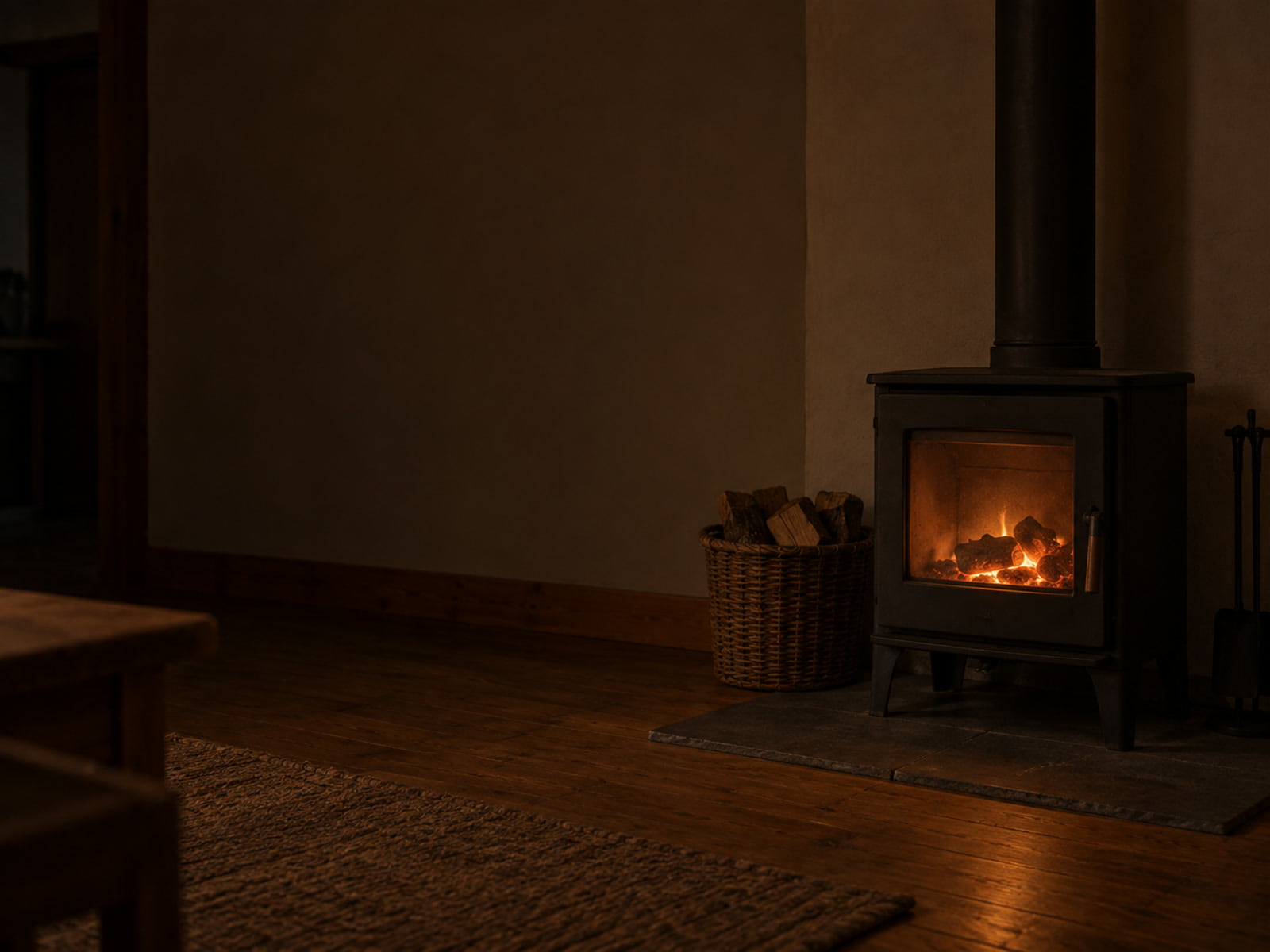 A small wood stove with a low fire glowing behind its glass door in a dim room