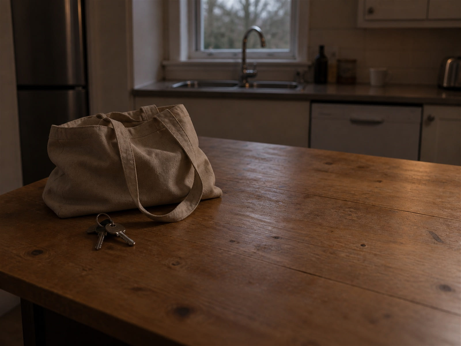 A kitchen worktop early in the morning with a packed bag and keys on it