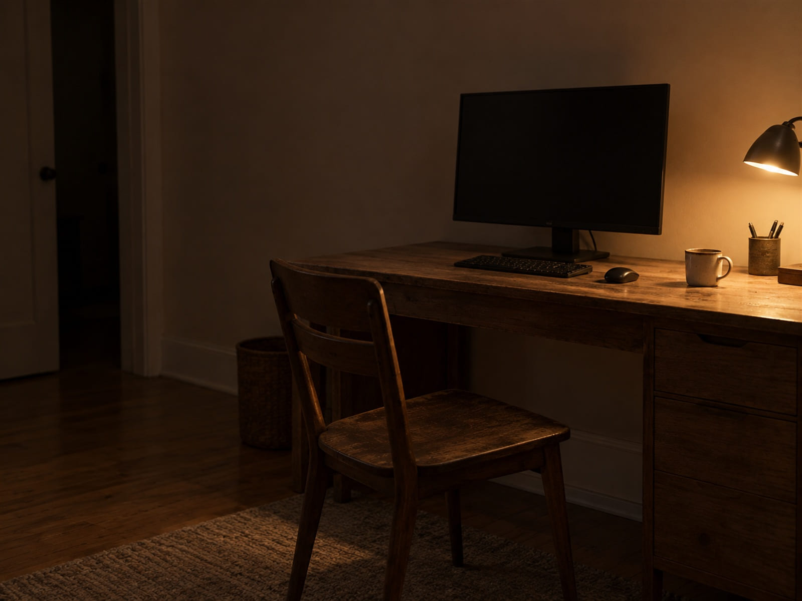An office desk after hours, monitor dark, one chair pushed back, lights off down the room