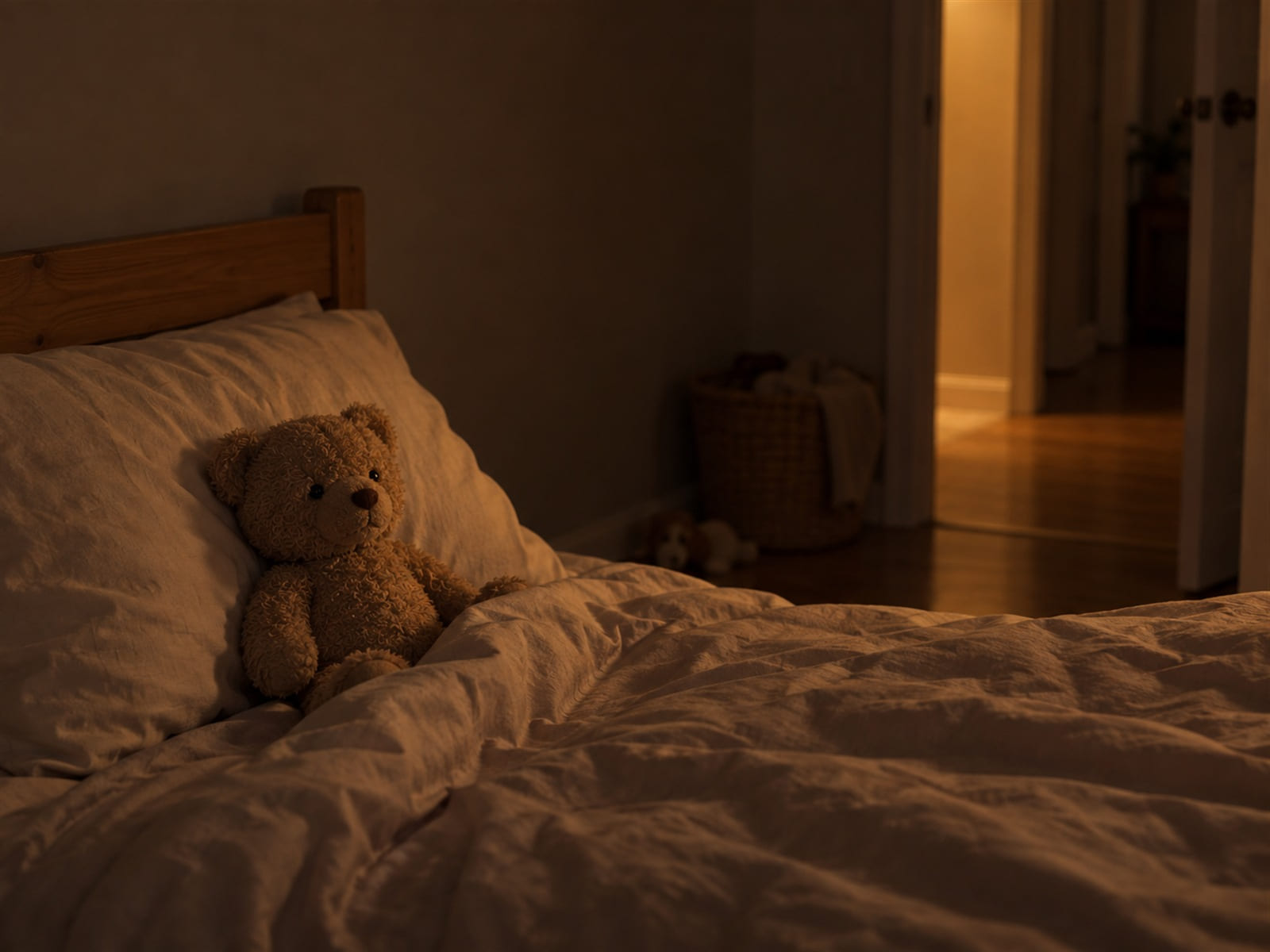 A small stuffed bear tucked against the pillow of a child's bed in soft light from the hall