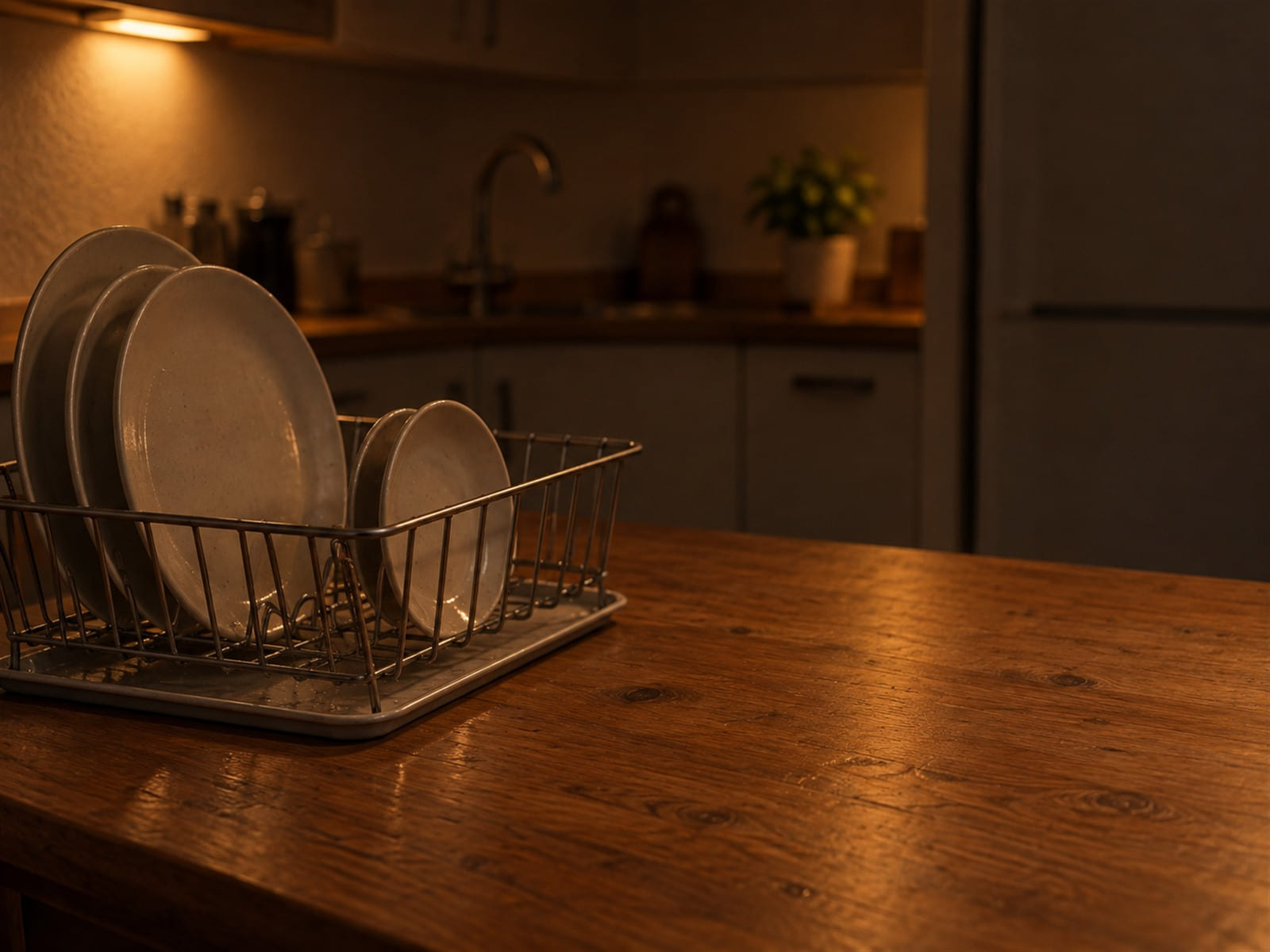 A dish rack of plates drying on a wiped-down kitchen counter at night