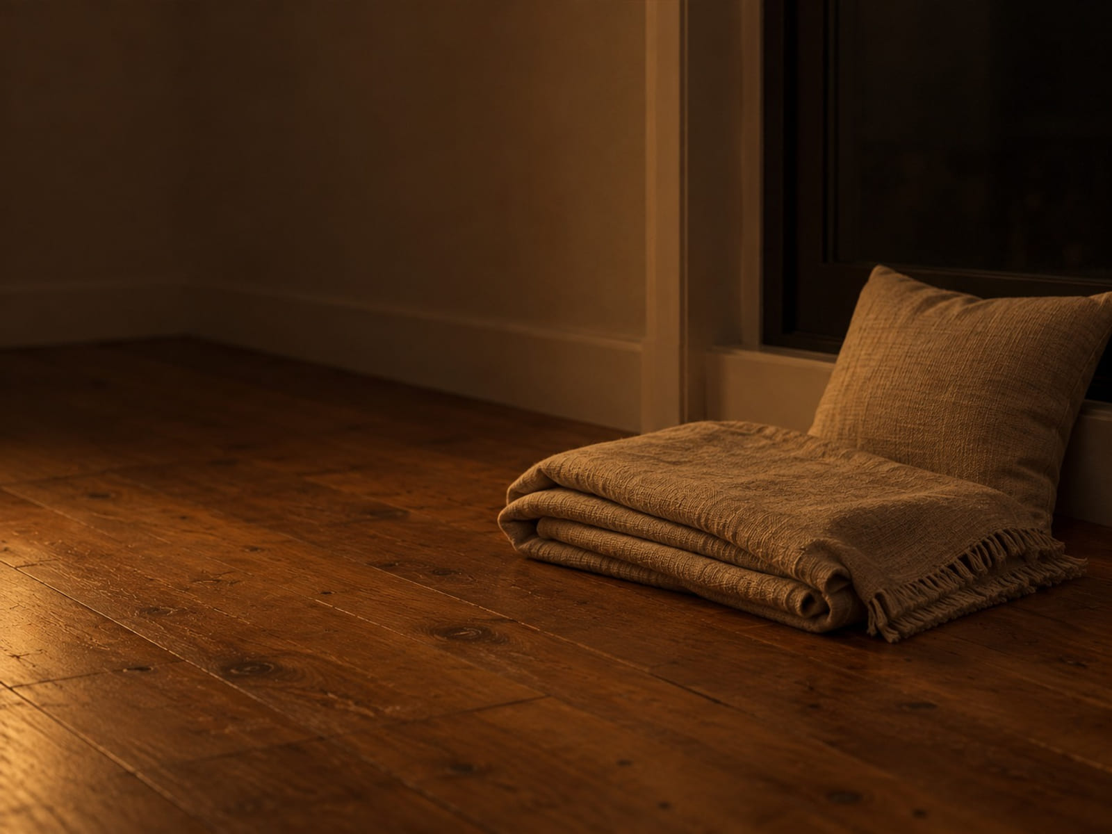 A folded blanket and a small cushion on a wooden floor beside a window