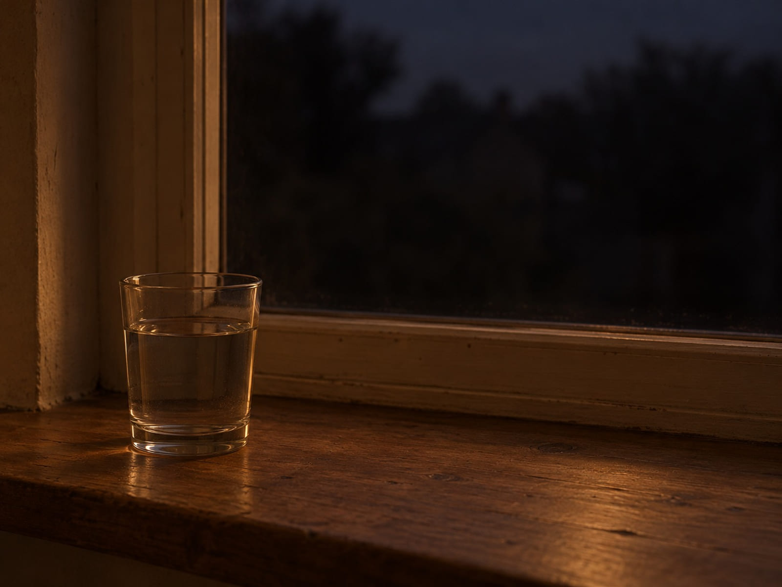 A glass of water on a windowsill in early morning light