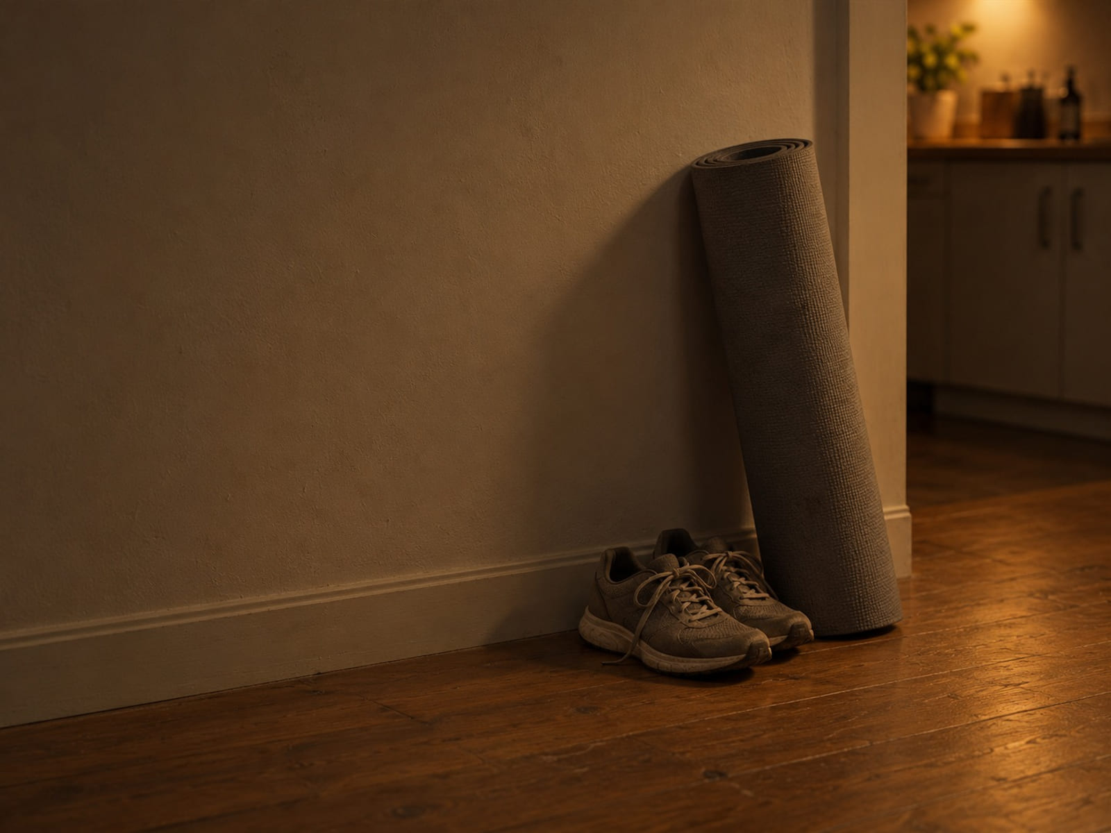 A rolled gray mat leaning against a wall beside a pair of sneakers