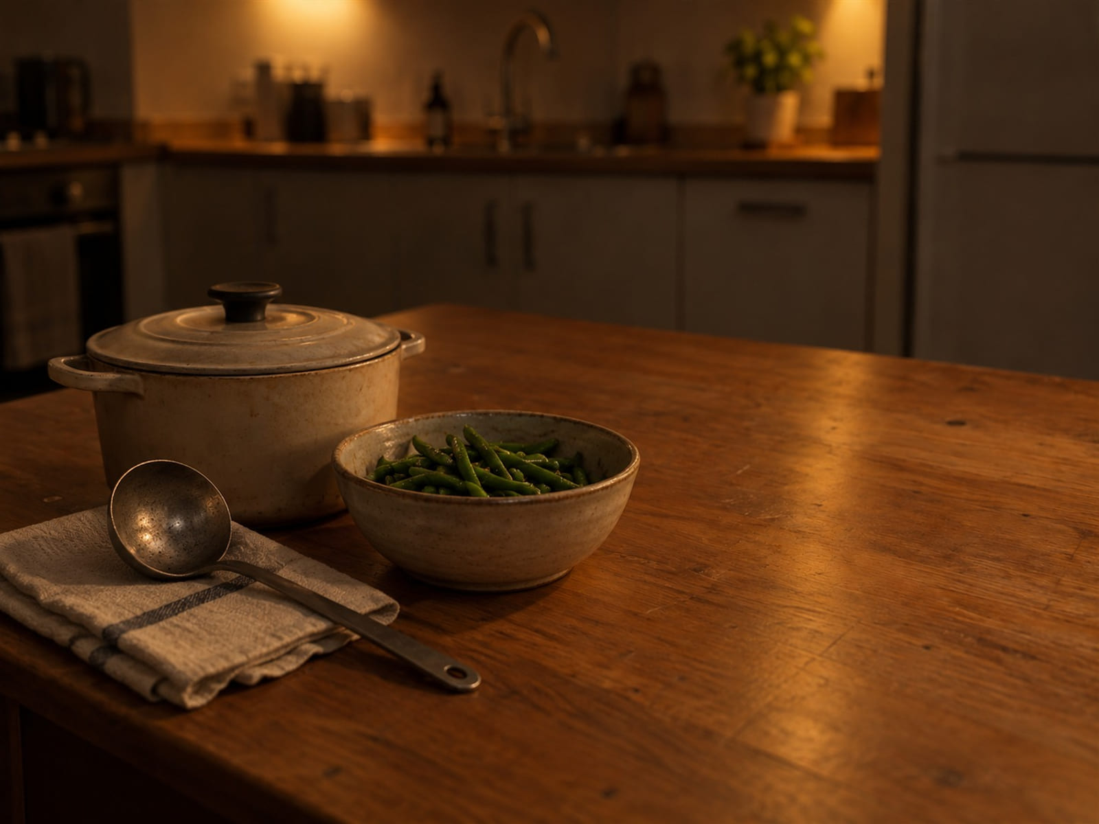 A kitchen counter with a covered pot, a ladle and a folded dish towel beside a bowl of green beans