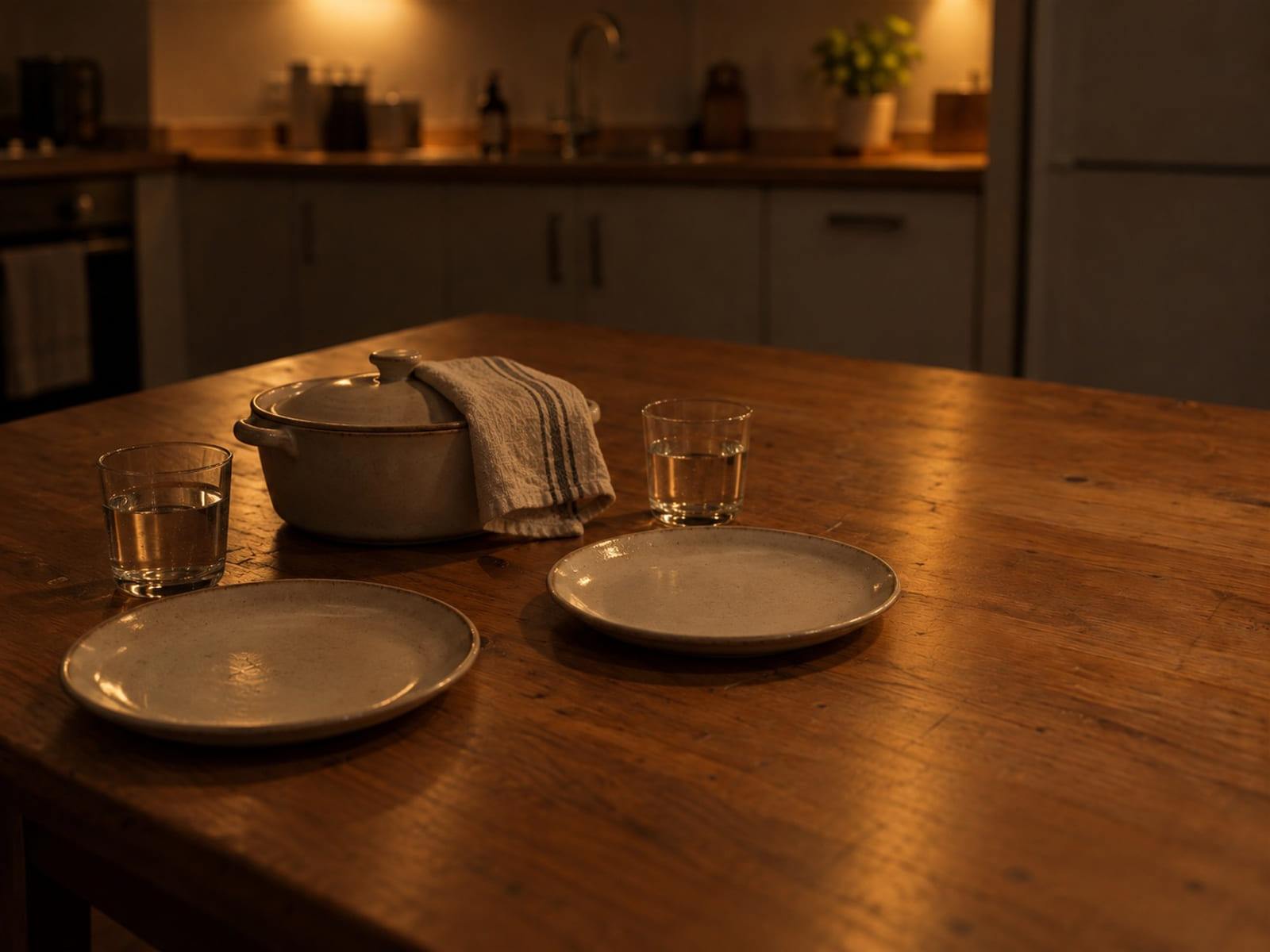 A wooden table set with plain plates, two glasses and a serving dish under a folded dish towel