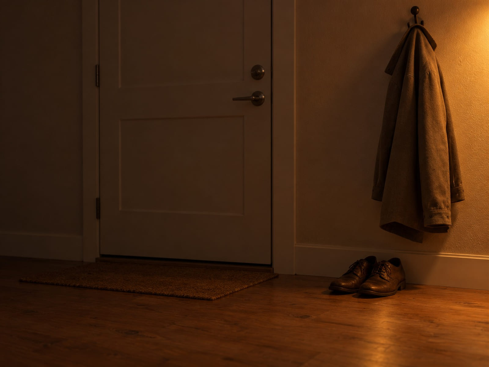 A pair of dress shoes beside a coat on a hook near a front door