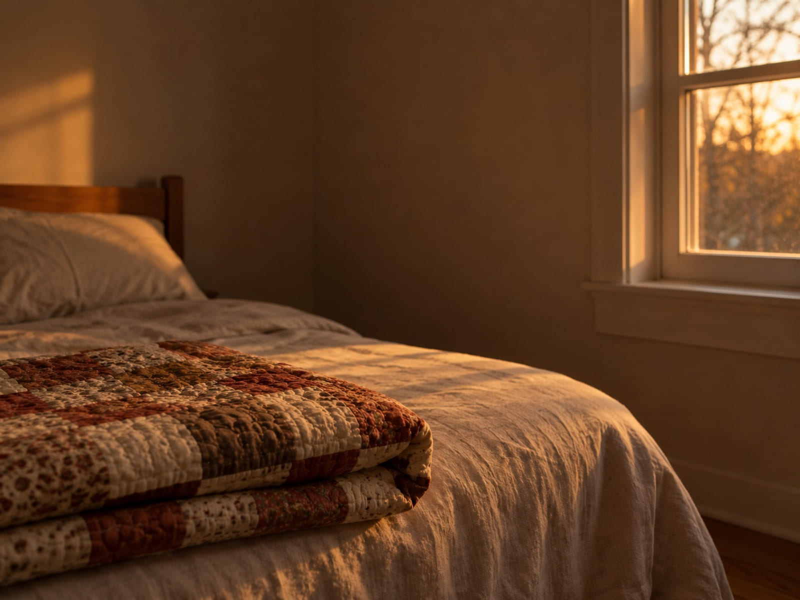 A folded quilt on the end of a bed beside a window