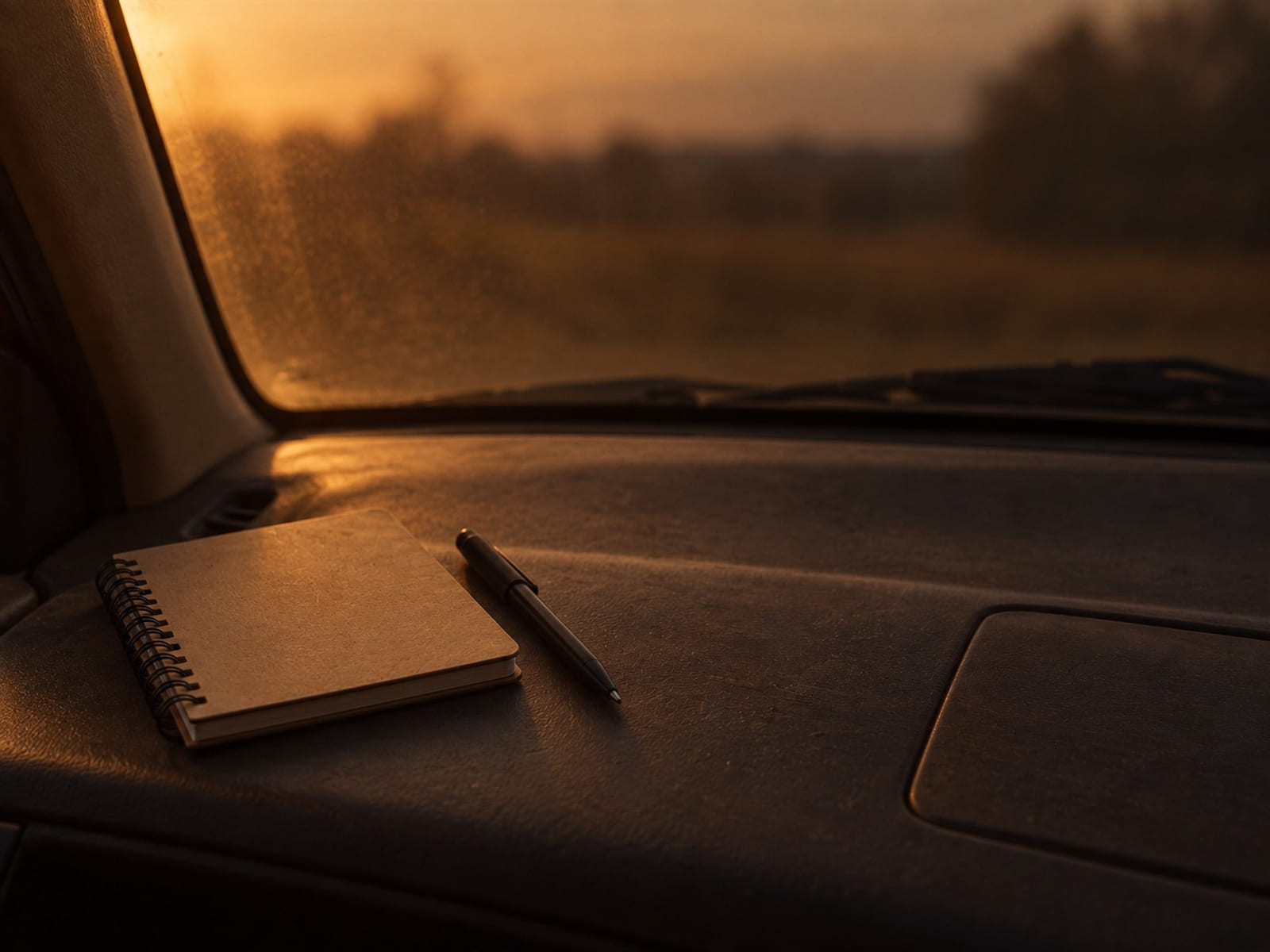 A small spiral notebook and a pen on a car dashboard in afternoon light