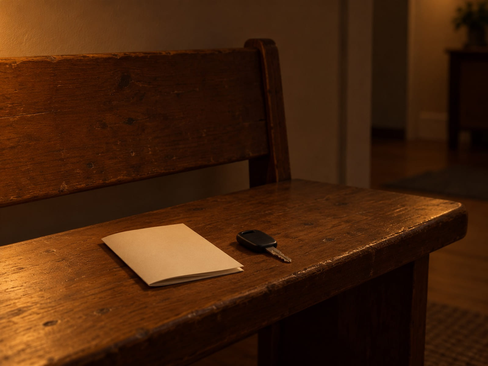 A folded church bulletin lying on a wooden bench beside a car key