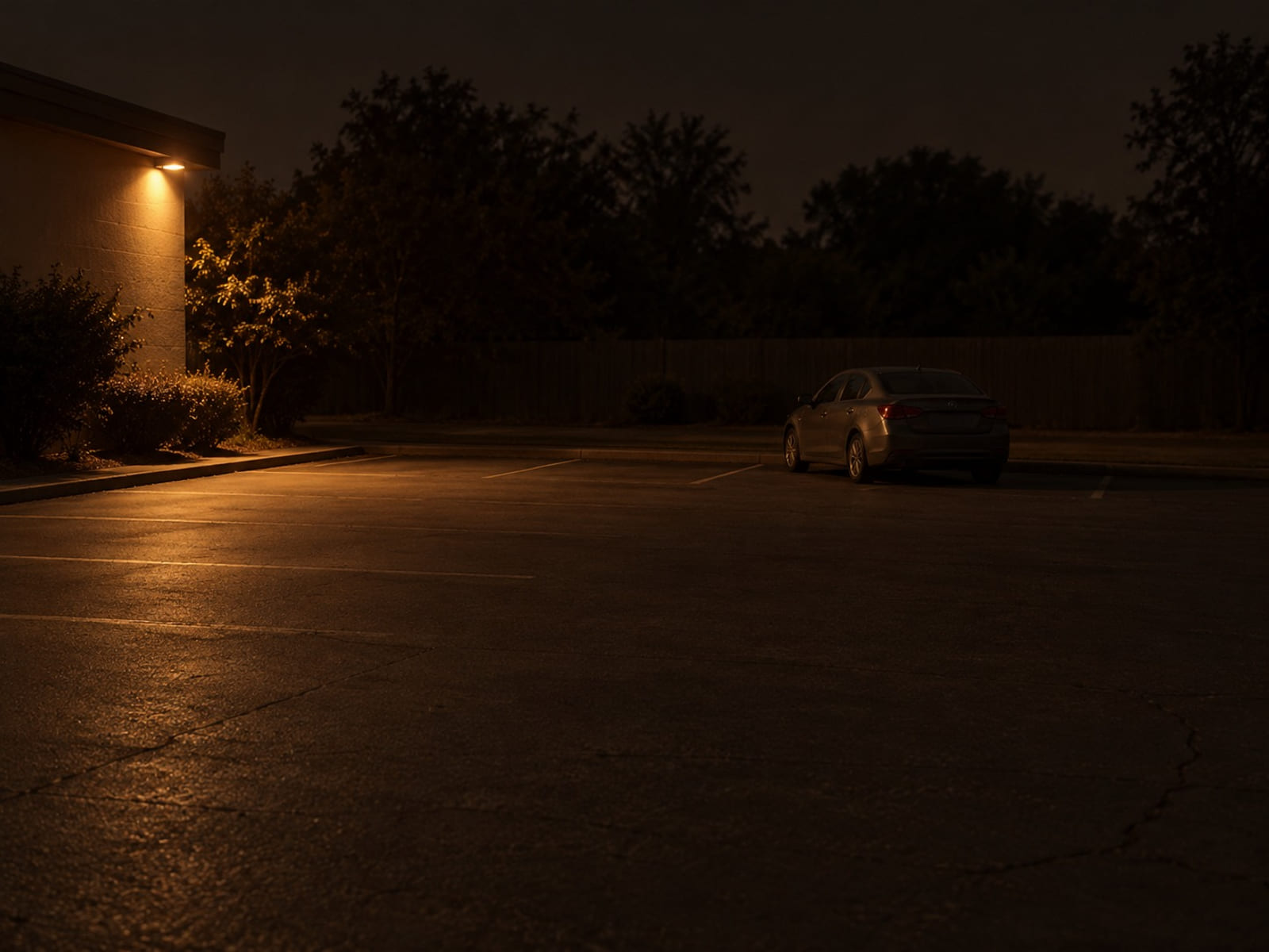 One car parked alone in an empty parking lot at dusk