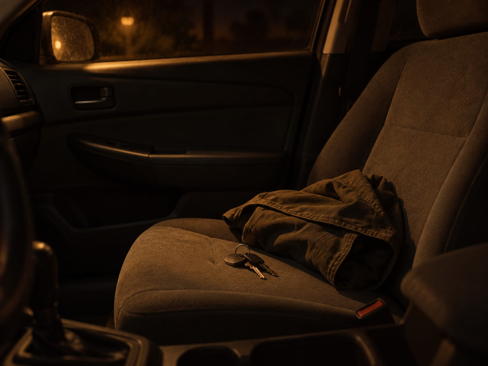 A folded jacket and a set of car keys on a passenger seat
