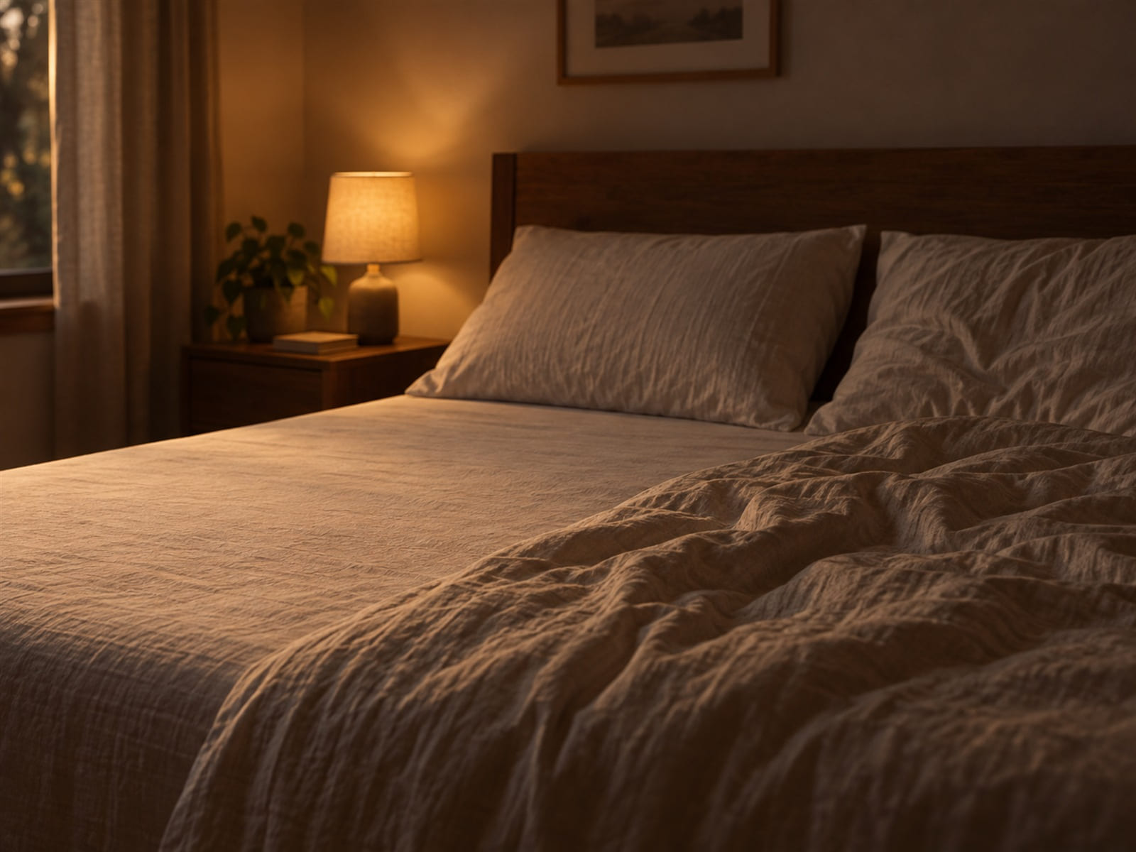 A made bed with one side undisturbed, morning light across it
