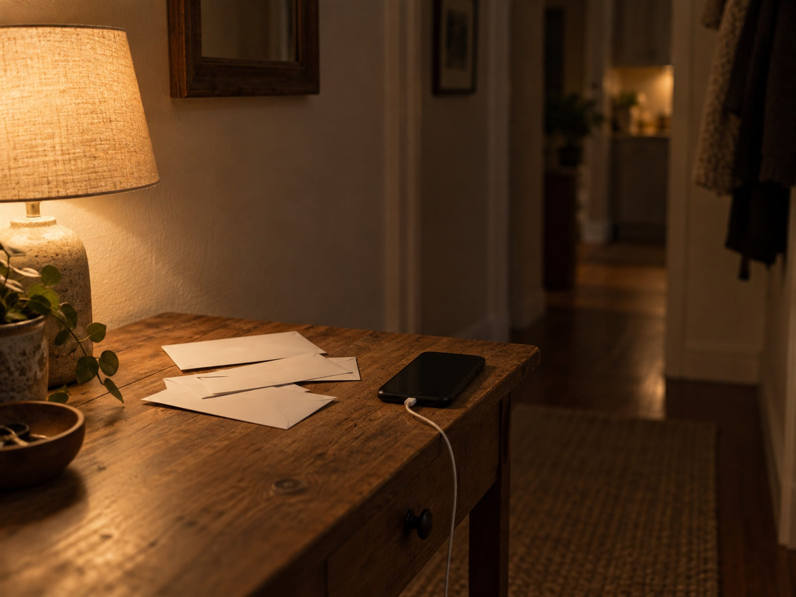 A hall table with unopened post on it and a phone charging beside it