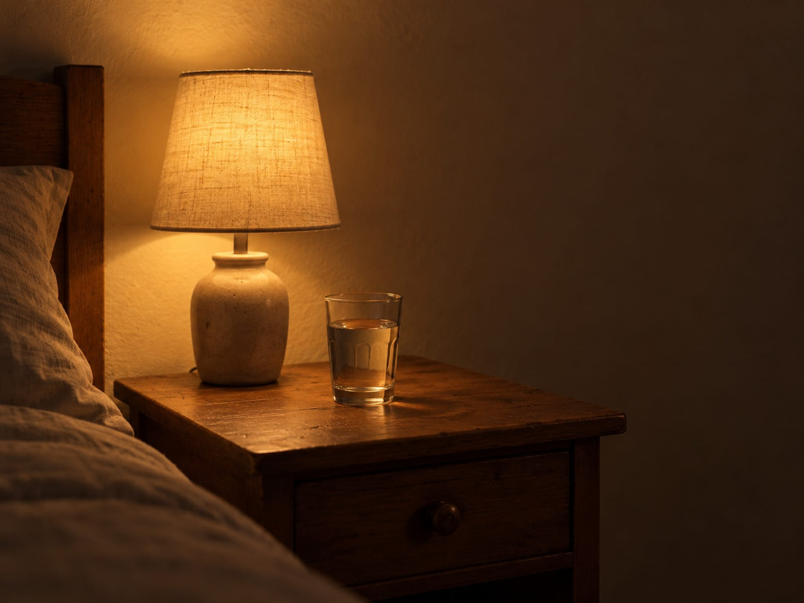 A small lamp lit on a bedside table beside a glass of water