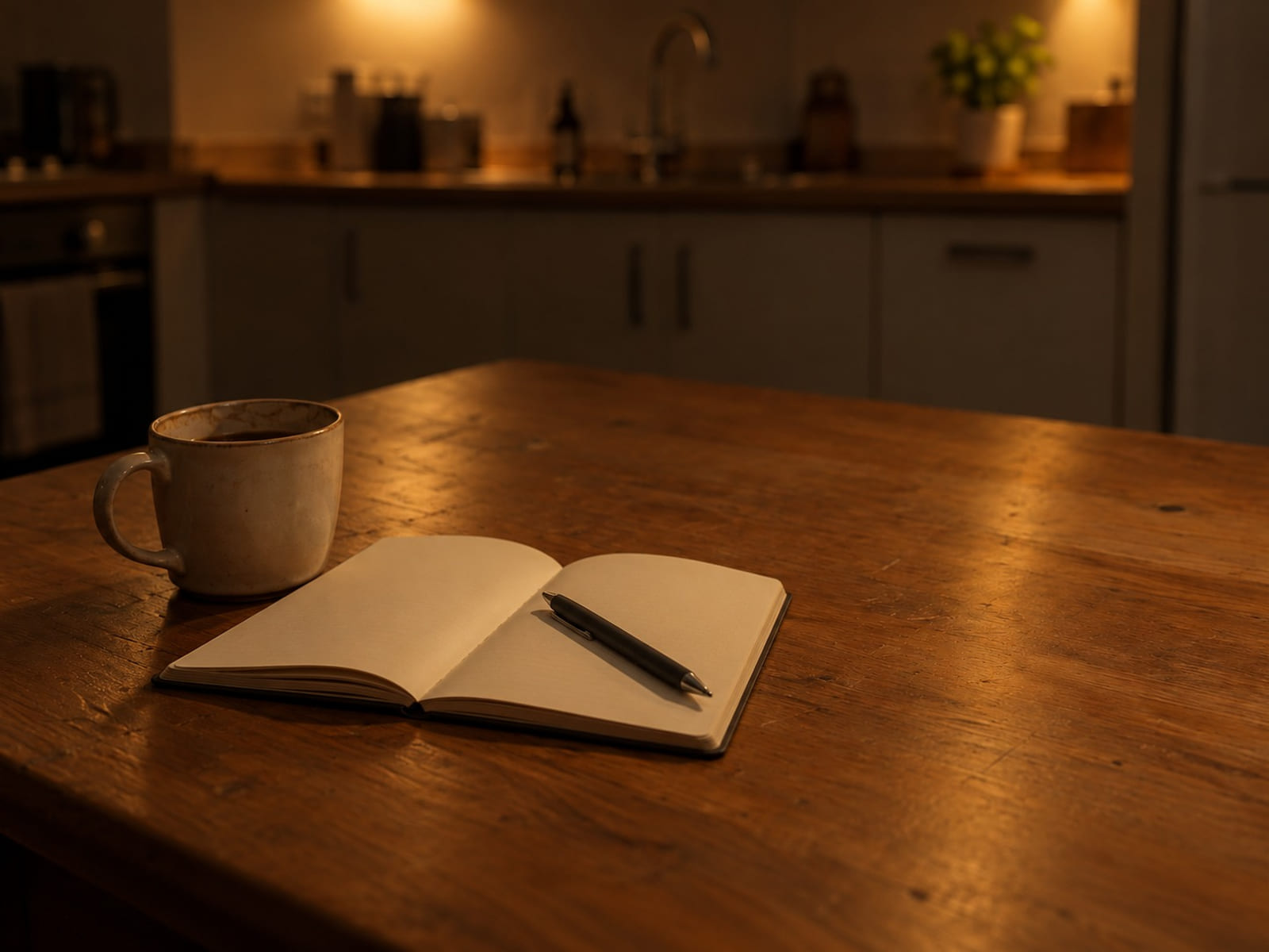 An open paper notebook with a pen across it on a kitchen table beside a mug