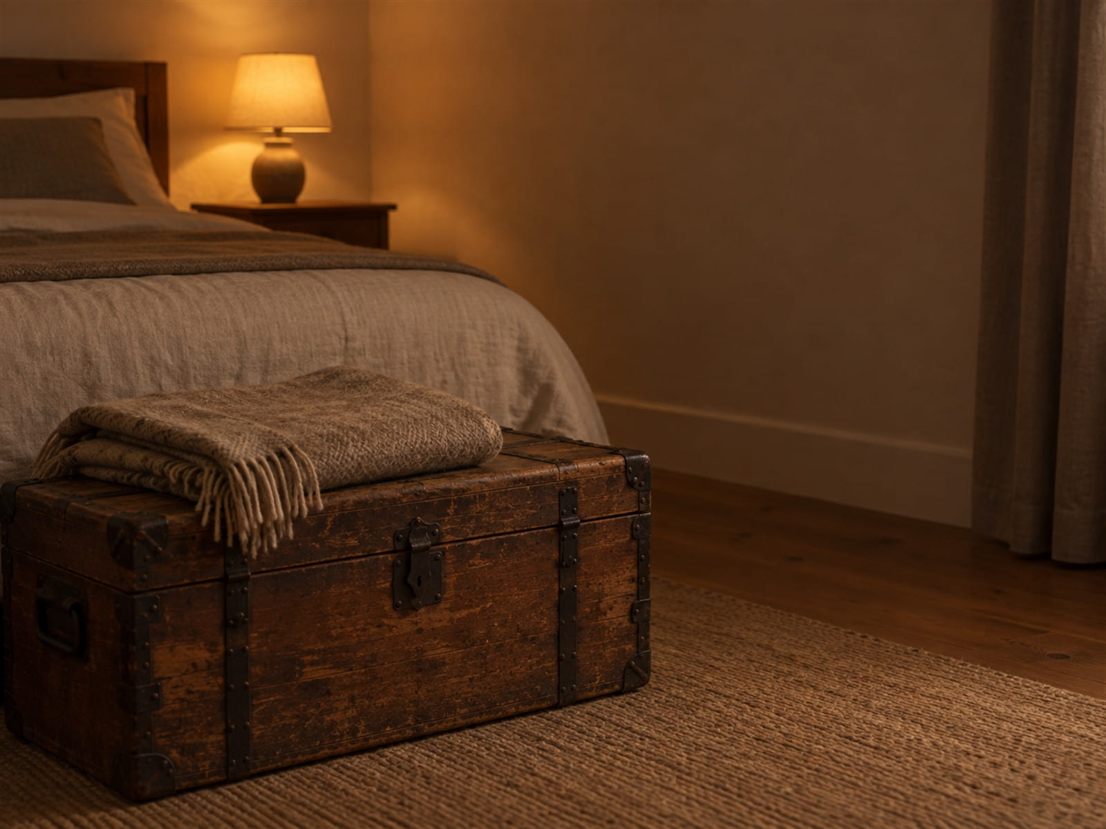 An old wooden trunk at the foot of a bed with a folded wool shawl on its lid