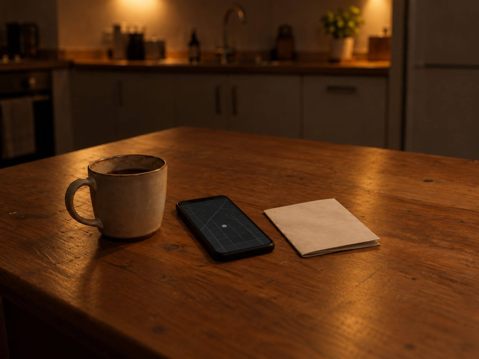 A phone on a kitchen table showing a map, beside a mug and a folded paper list