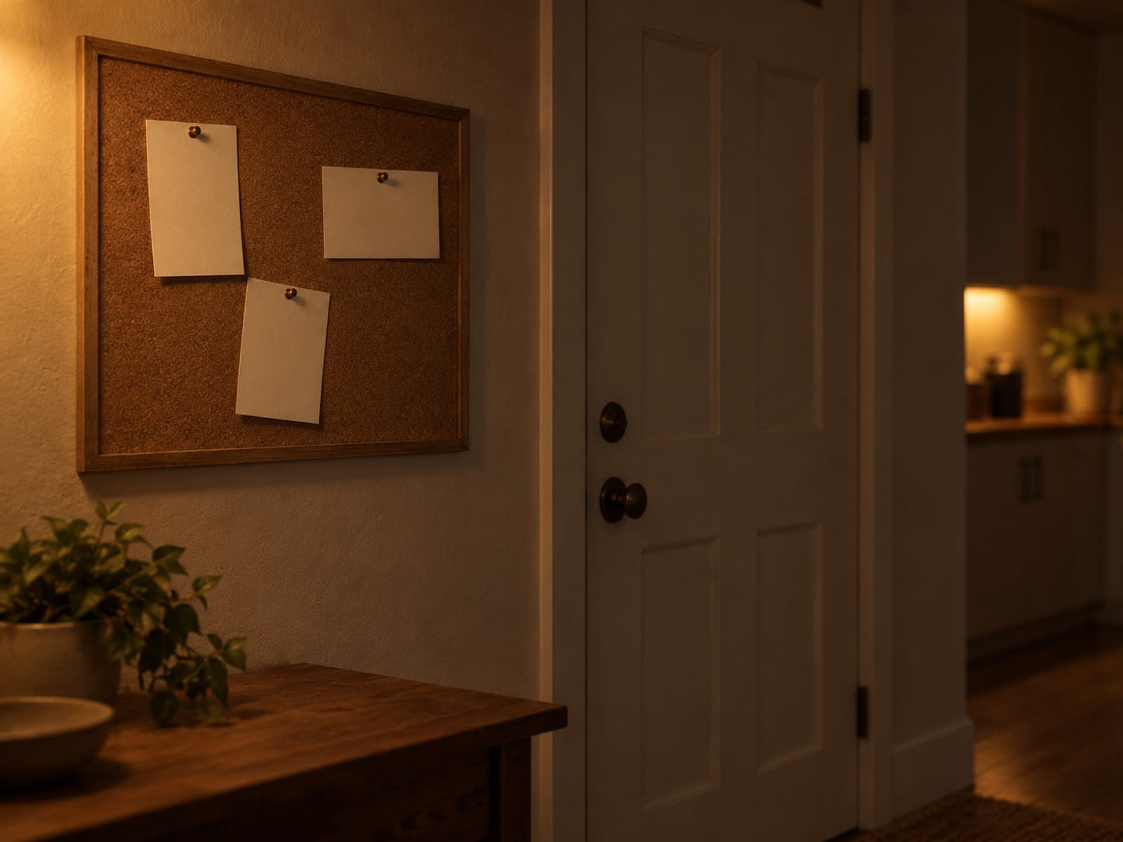 A cork noticeboard by a door with a few blank cards pinned to it