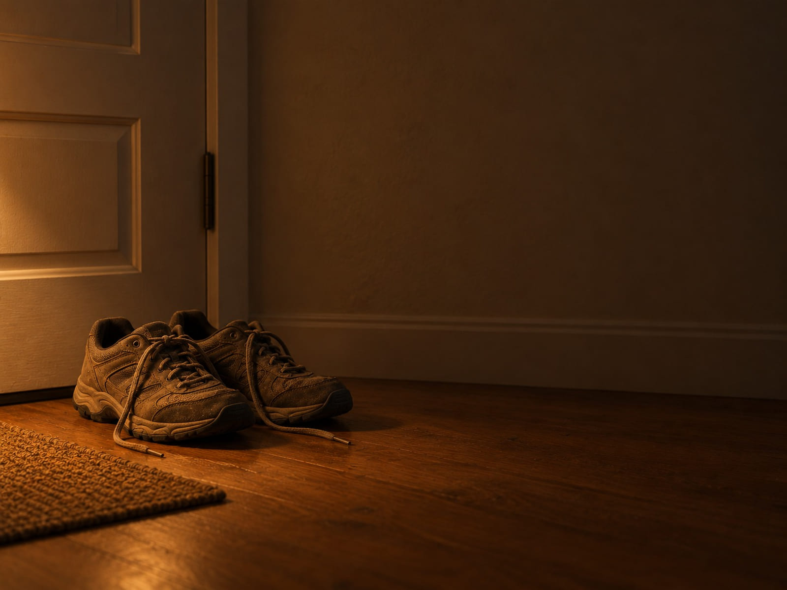 A pair of walking shoes by a back door with the laces loosened