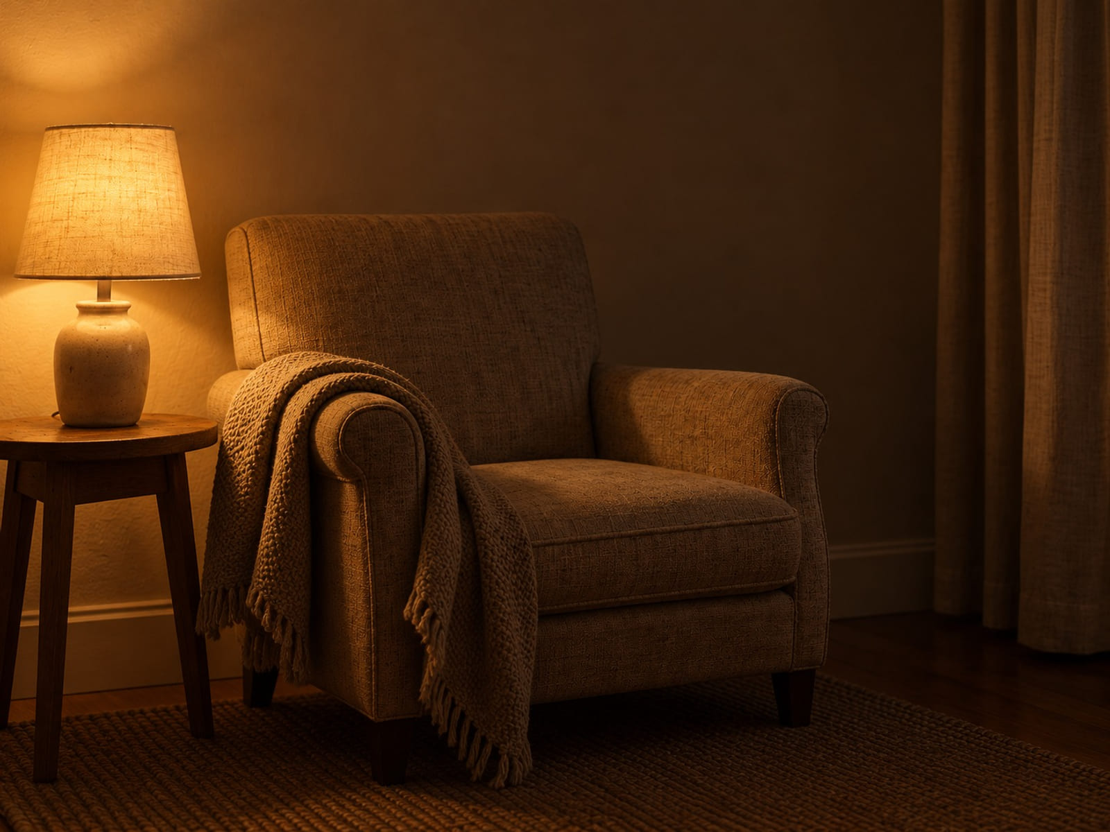 A lamp lit beside an empty armchair with a folded blanket on its arm
