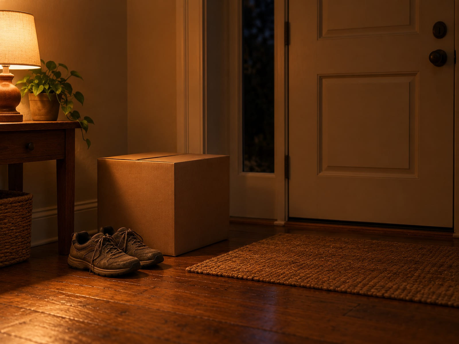 A pair of walking shoes by a front door beside a packed cardboard box with its flaps folded shut